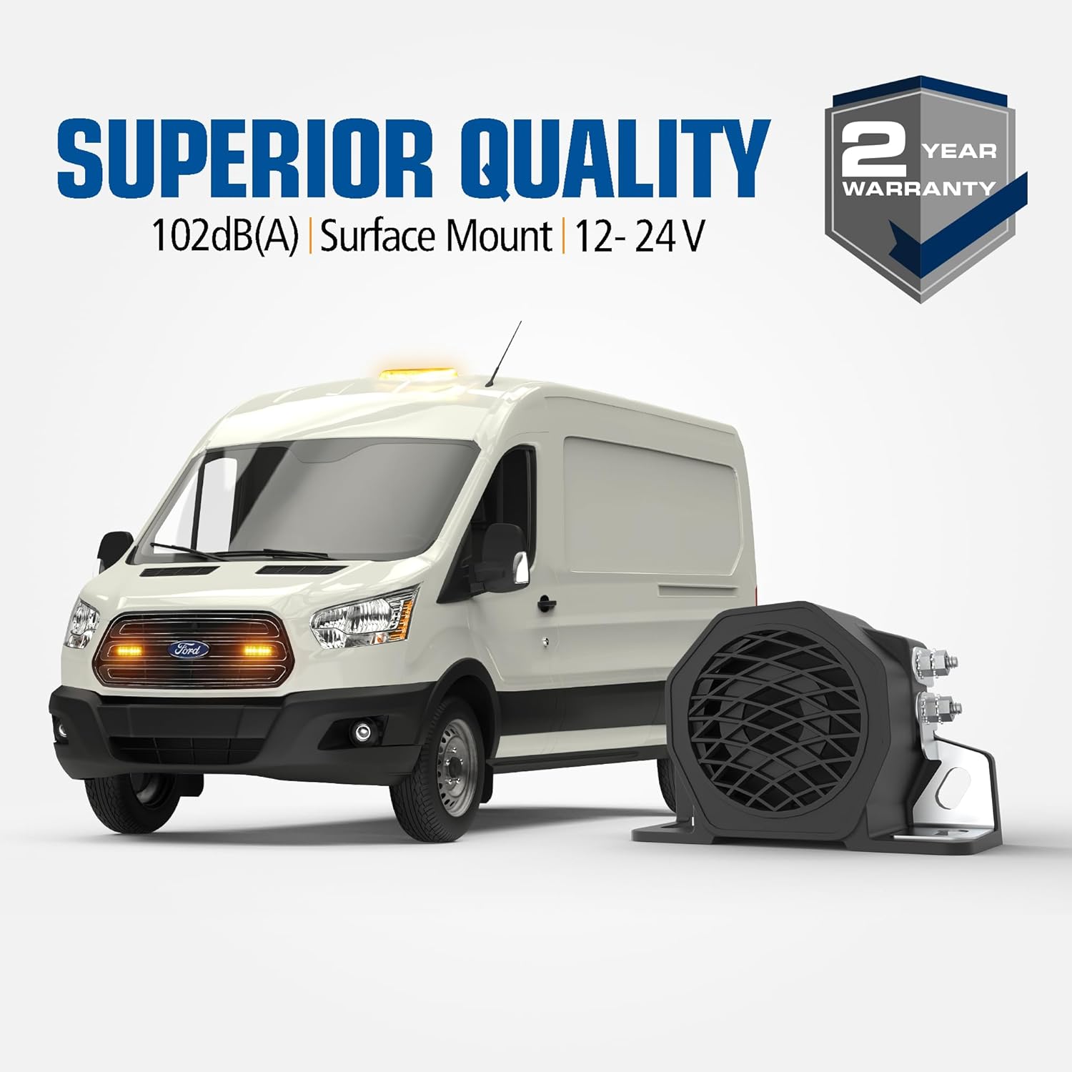 ECCO 530 Back-Up Alarm installed on a white van, highlighting its 102dB sound output and 2-year warranty.