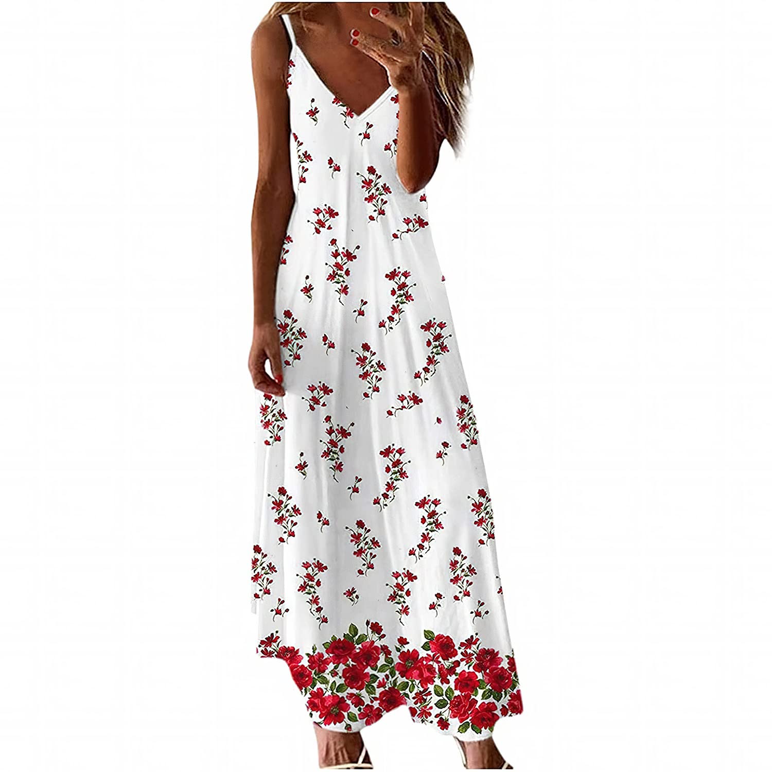 Tirantes de Pasta para Mujeres Flores Vestidos Largos de Verano Vestidos de Vacaciones Sexy de Cuello V Vestidos de Moda de Playa Tirantes Vestidos de Sol, WFFUO, F, l