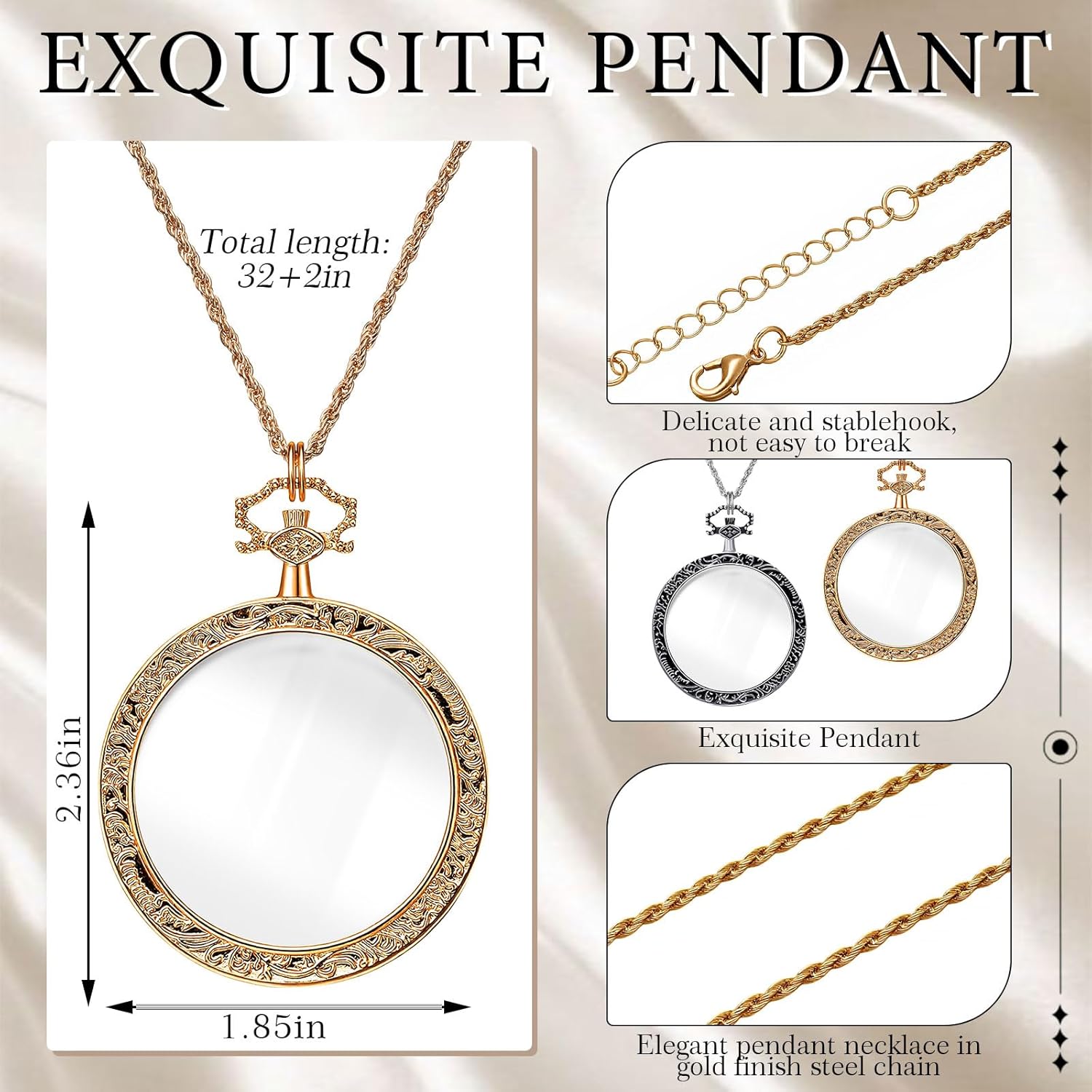 Chunful 2 Pcs 10X Magnifying Glass Necklace for Women Reading Magnifying Glasses Pendant Necklace with Chain for Library, Reading, Zooming and Jewelry