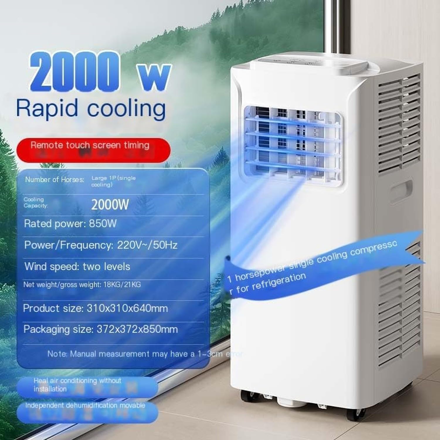 Climatizzatore Portatile 12000 BTU, Telecomando, Timer 24 Ore, Kit Installazione, 2 velocità, Oscillazione 120°, per Stanze Fino a 30 mq, 7000 BTU, 7000 BTU