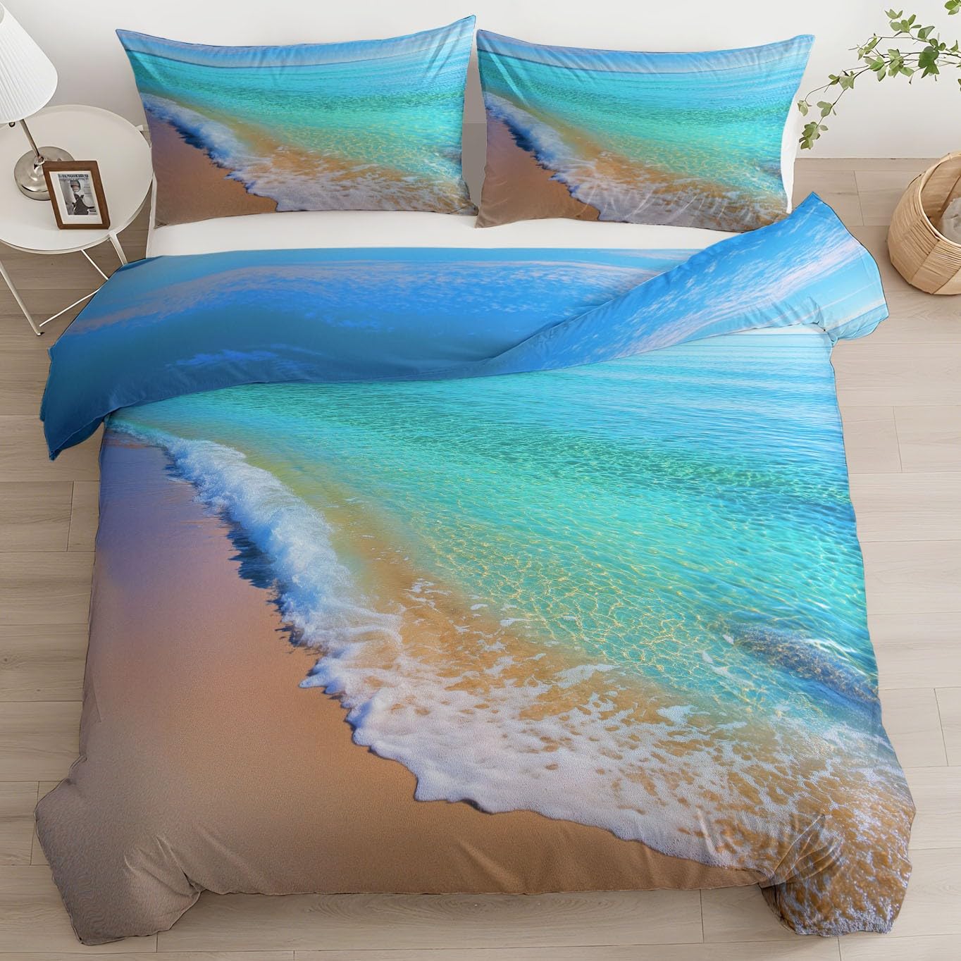Housse de couette 200x200 bleu motif bord de mer avec 2 taies d'oreiller en microfibre douce