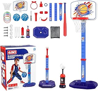 Set de aro de baloncesto - 4 en 1 juguete deportivo para niños de 1 a 8 años, soporte de juegos al aire libre en interiores | Baloncesto de billar, bola de tee, fútbol, ​​juego de lanzamiento de anill