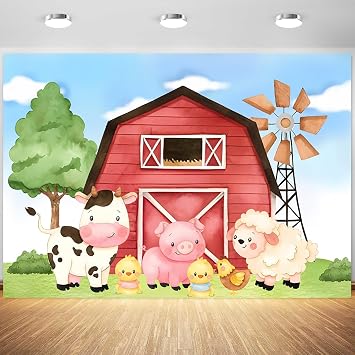 7x5ft Farm Backdrop Cartoon Farm Animals Red Barn Photography Background Kids Birthday Baby Shower Farm Theme Party Banner Decorations Supplies Photo Booth Props