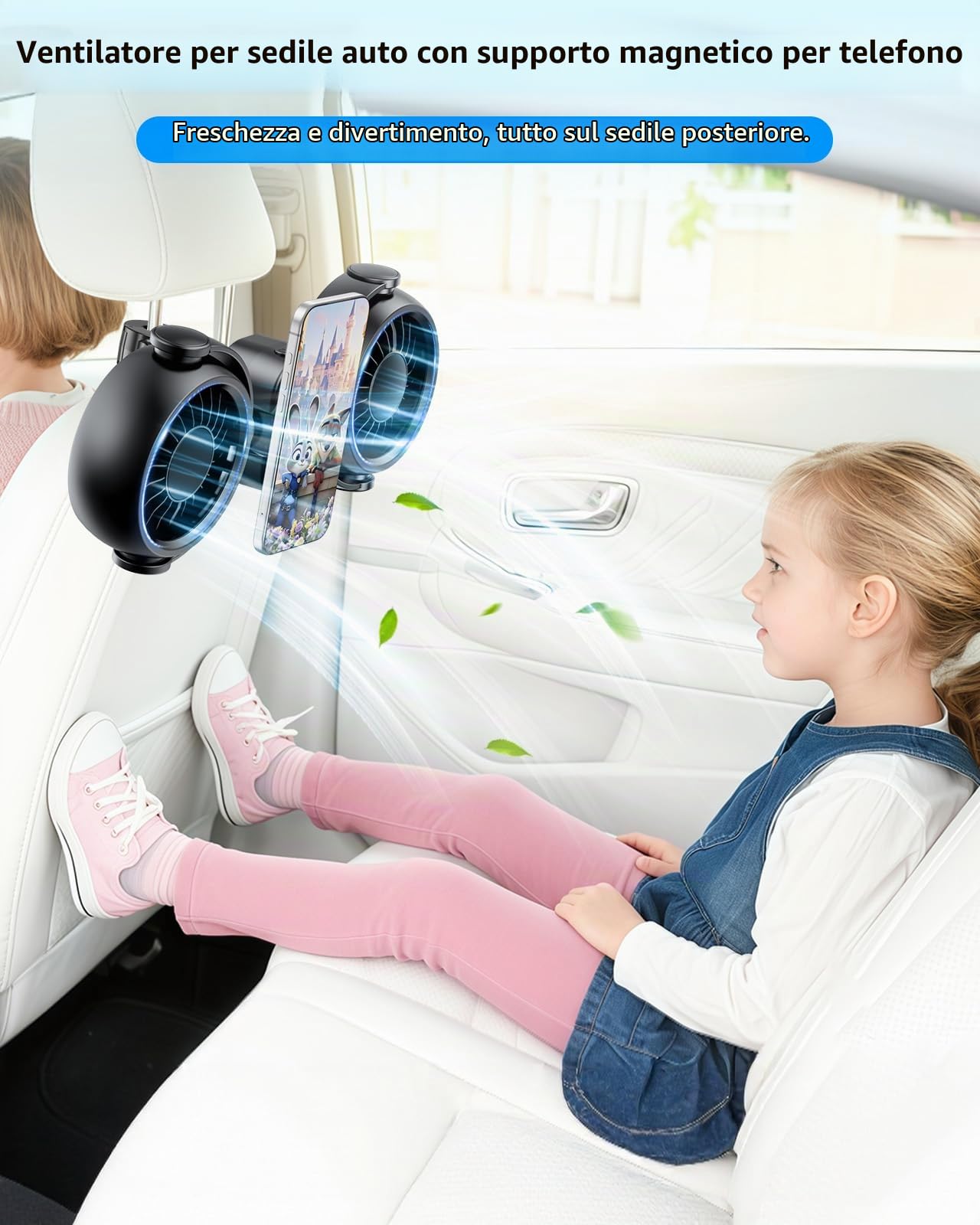 Ventilatore per auto ricaricabile da 4000 mAh per sedile posteriore per bambini con supporto magnetico integrato per auto SUV RV Pickup, 360 ruotabile regolabile ventilatore per seggiolino
