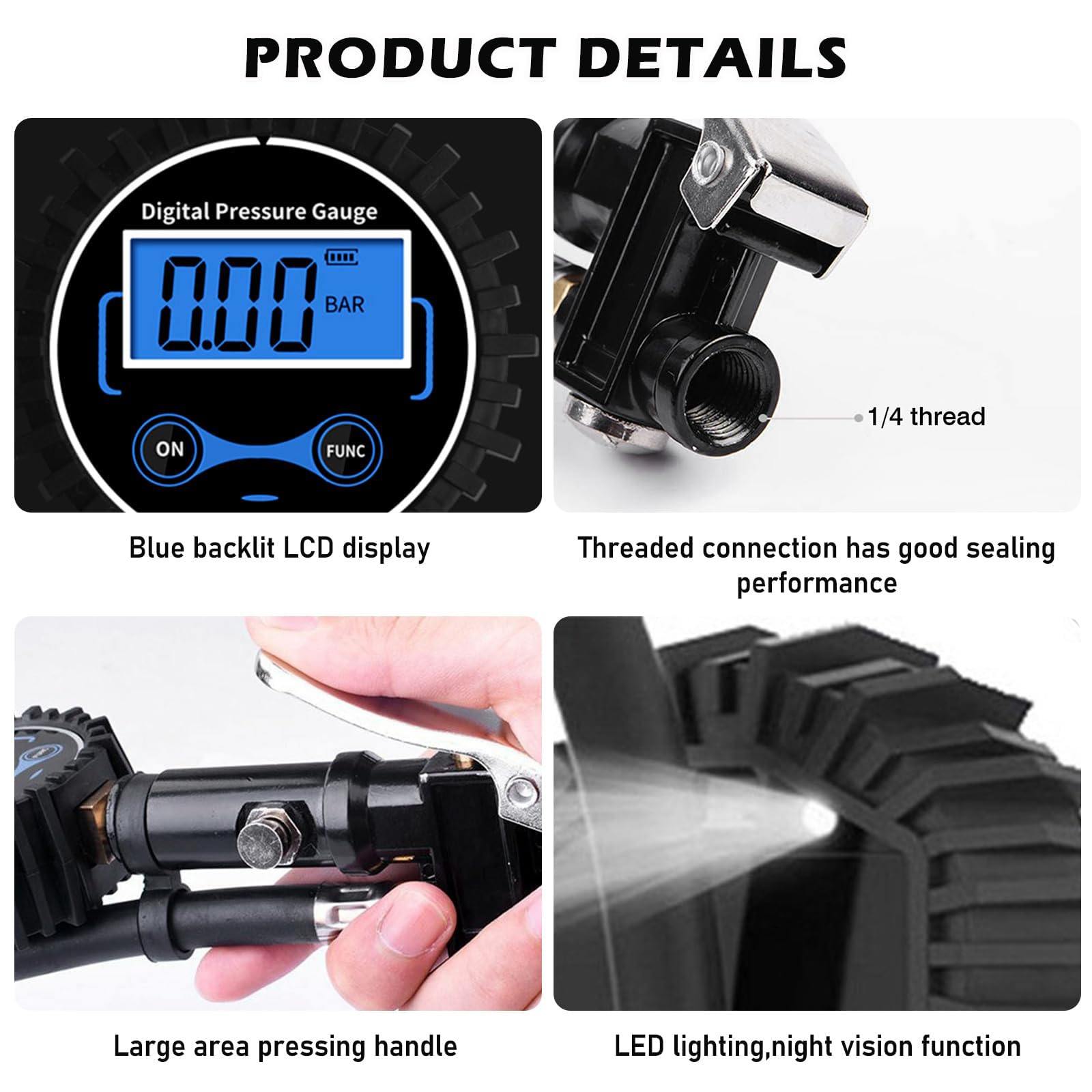 Set di 200 PSI, misuratore di pressione pneumatici, multifunzione, misuratore di pressione pneumatici, calibrato, gonfiatore per pneumatici con diversi pezzi di ricambio, valvola nucleo per auto e