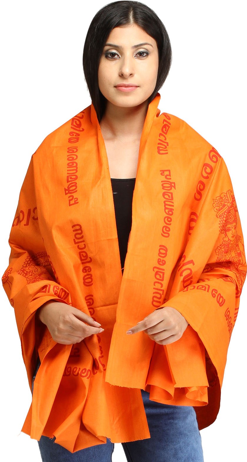 Exotic India Autumn-Sunset Lord Ayyappan South Indian Prayer Shawl from - Orange