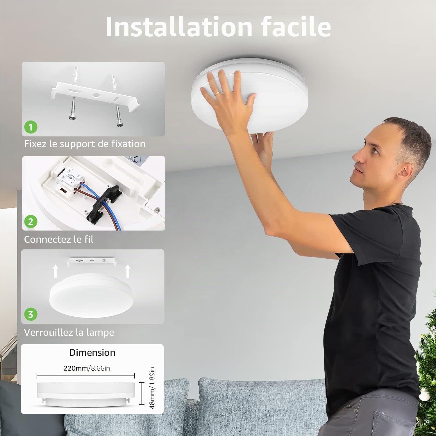 Lepro Plafonnier LED 15 W IP54 étanche 3000 K 1500 lm Lampe de salle de bain ronde Idéal pour salle de bain, chambre à coucher, couloir, cuisine, salon, balcon, blanc chaud, Ø 22 cm