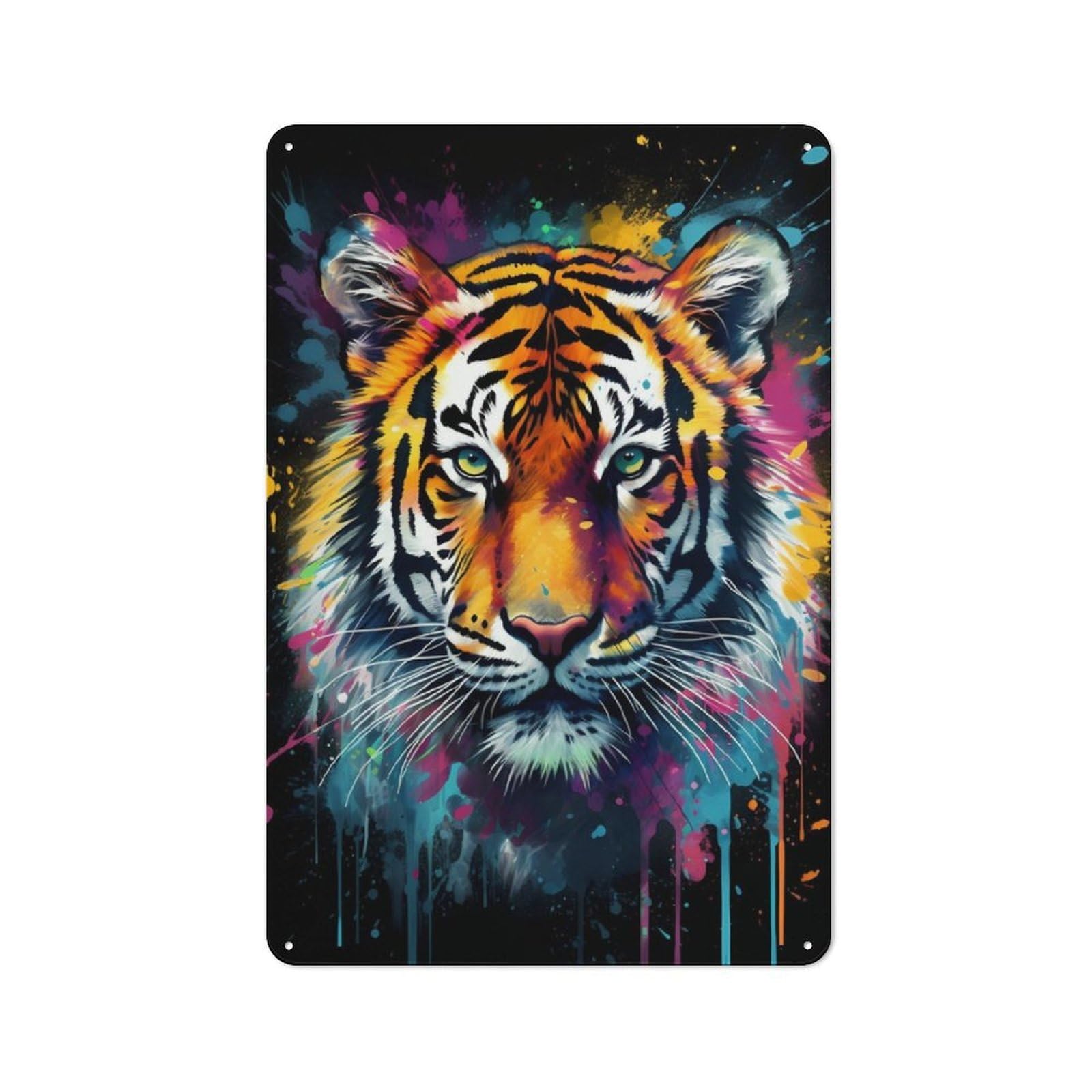 Junmoney Colorful Tiger With Drips Vintage-Inspired Tin Sign 30X20cm For Living Room Wall, For Display In Living Rooms And Feature Walls