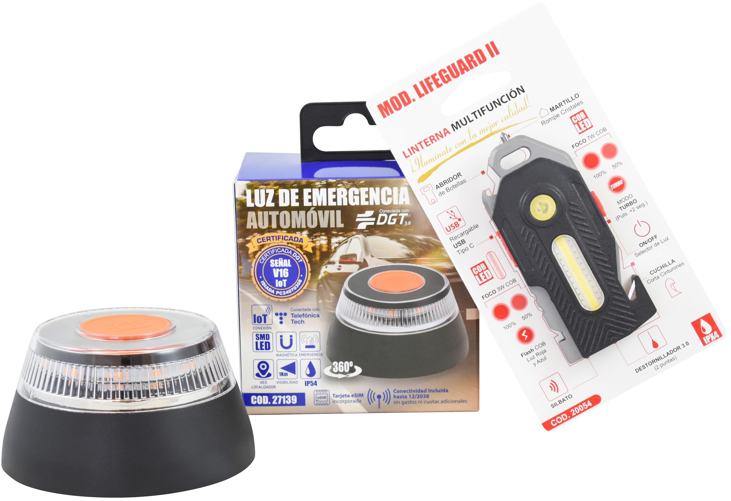 Pack Luz de Emergencia V16 IoT Homologada DGT, Conectividad IoT + Linterna LED Multifunción Lifeguard II