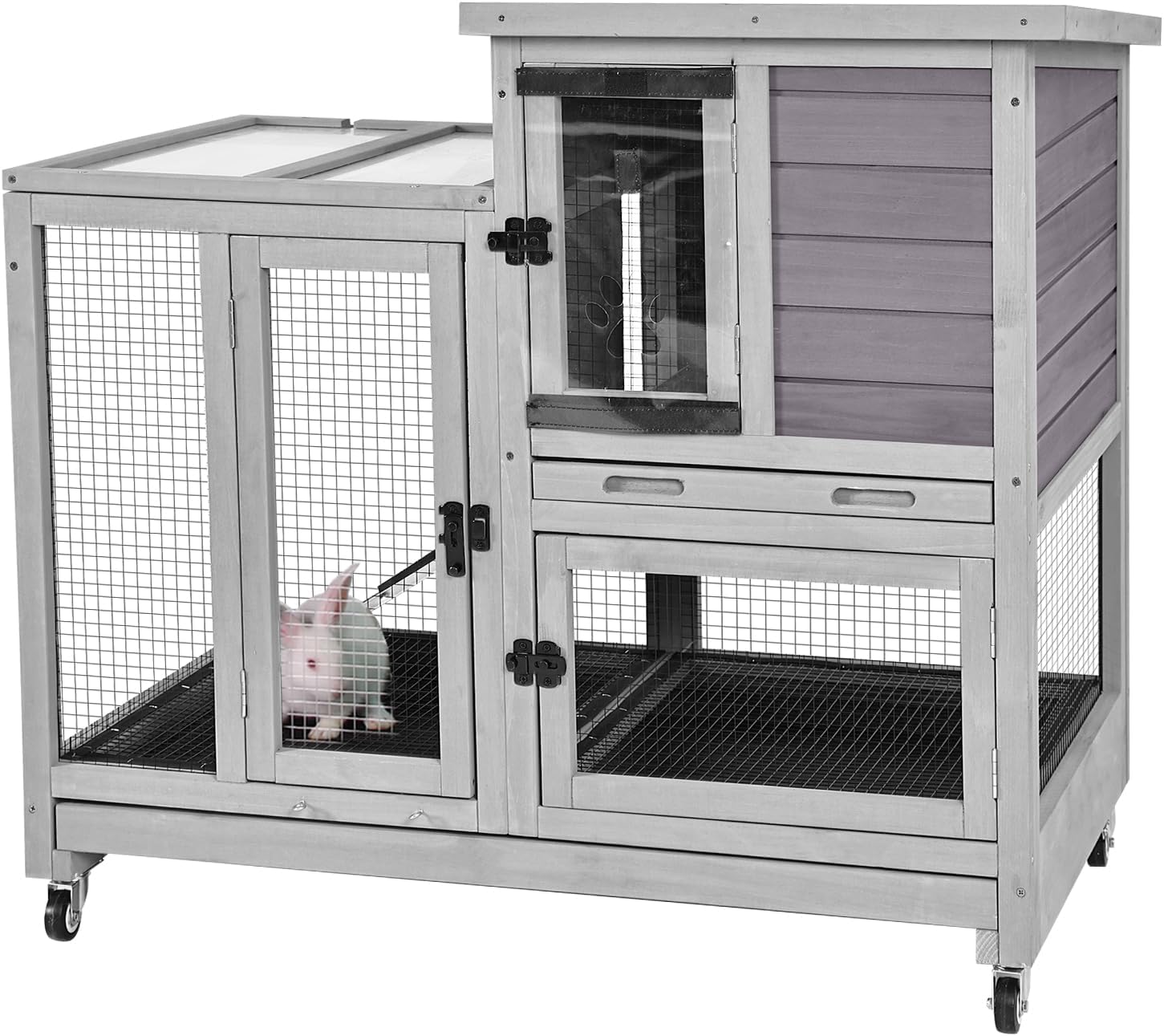 GUTINNEEN 2-Story Rabbit Hutch Bunny Cage with Chew-Proof Ramp & Pull-Out Trays - Indoor/Outdoor 40.6" Wooden Rabbit Cage on Wheels for Rabbits, Guinea Pigs
