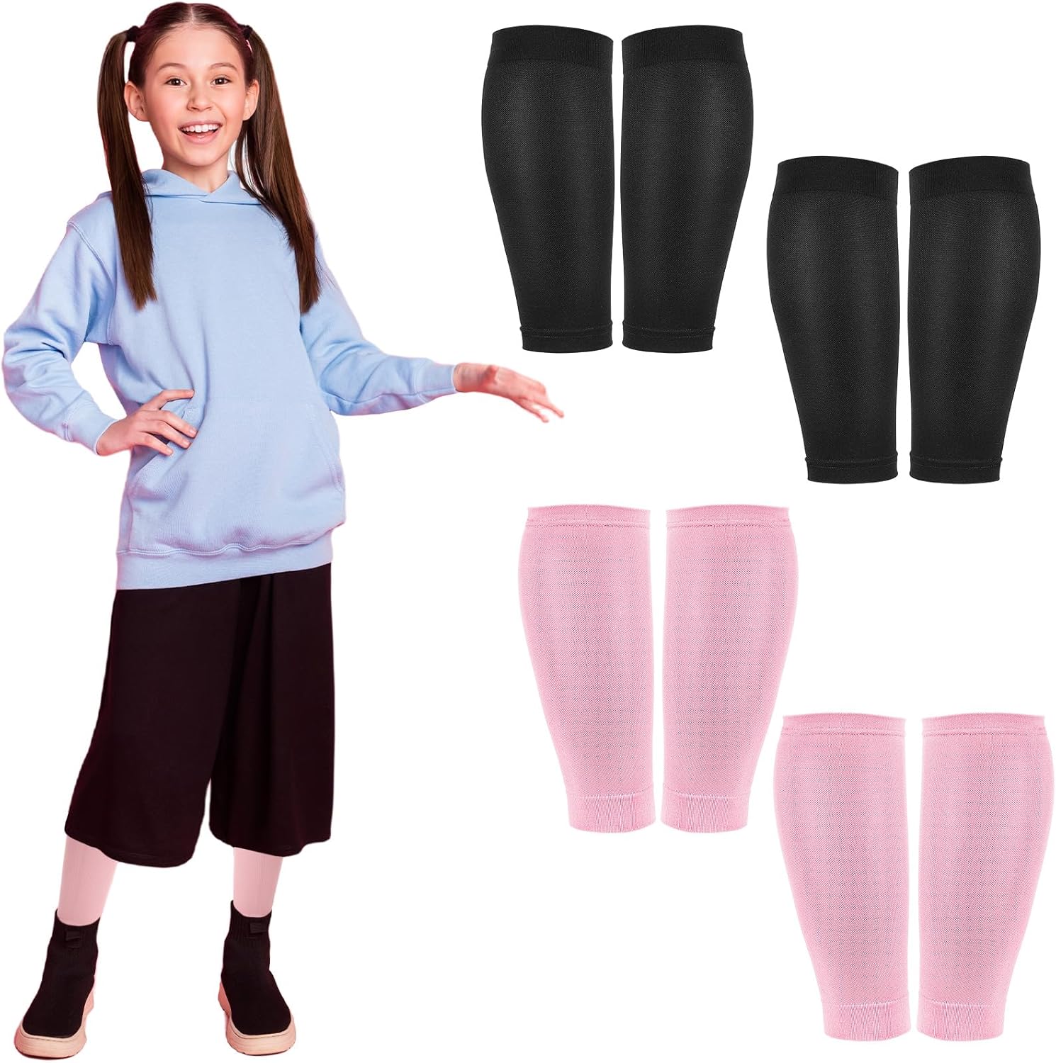 Tarpop 4 Pairs Kids Calf Sleeves Youth Leg Sleeves for Football Kid Compression Protection Calf and Shin Supports(Black, Pink)