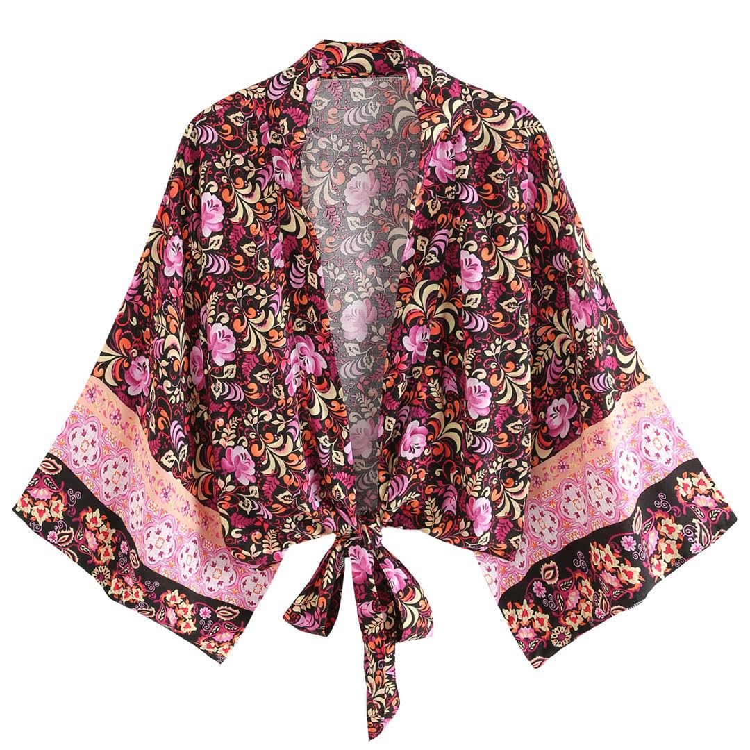 Vintage Boho szlafrok krótkie okrycie bikini upy sztuczny jedwab bawełniany rękaw nietoperz lato plaża okrycie damskie