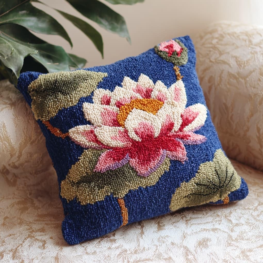 Henypt Latch Hook Kits for Beginners & Adults,Beautiful Lotus 43x43cm DIY Pillow Cover Craft,Easy Crochet Needlework Kit with Full Accessories