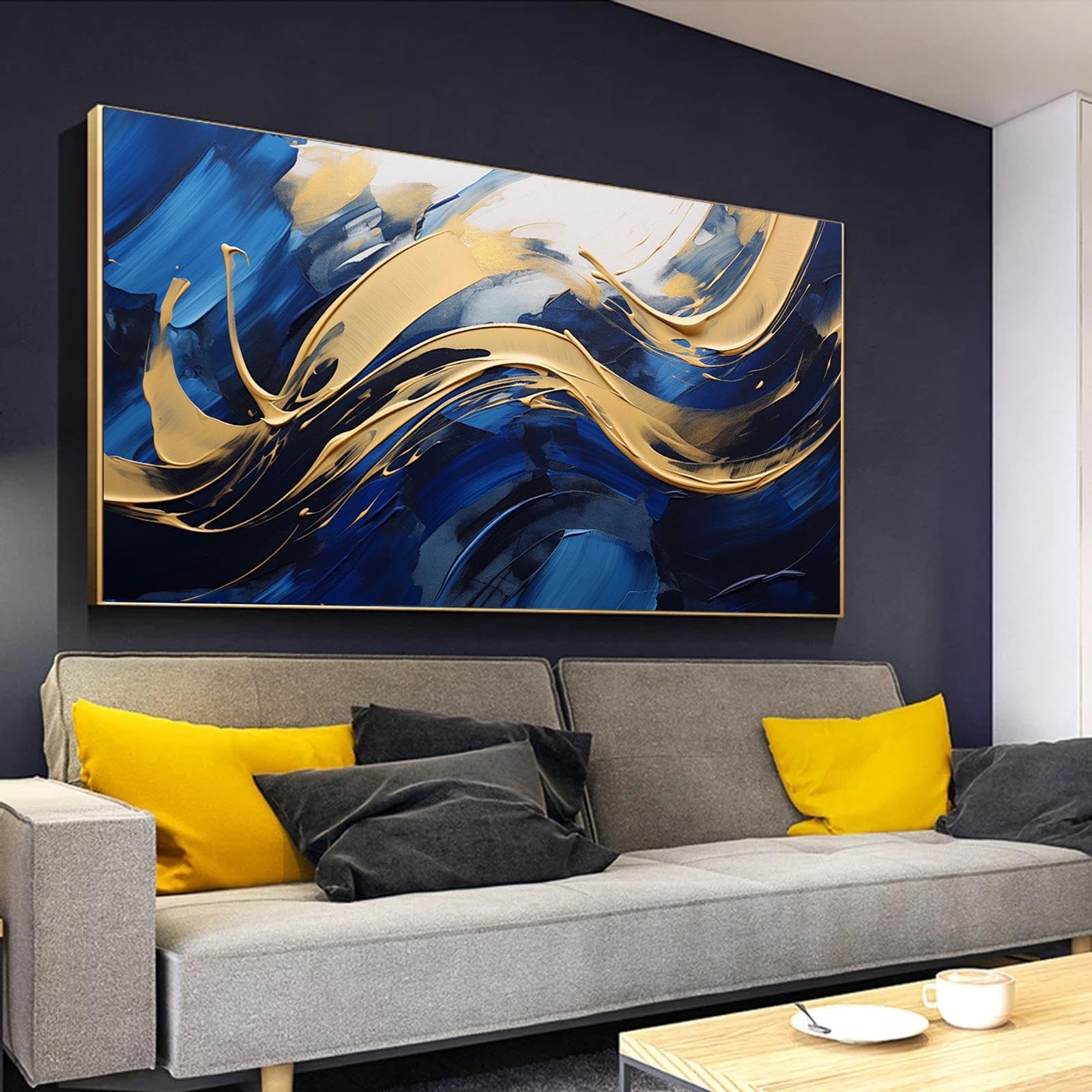 Tableau sur toile abstrait bleu et or de qualité supérieure, format 50x100cm - 8