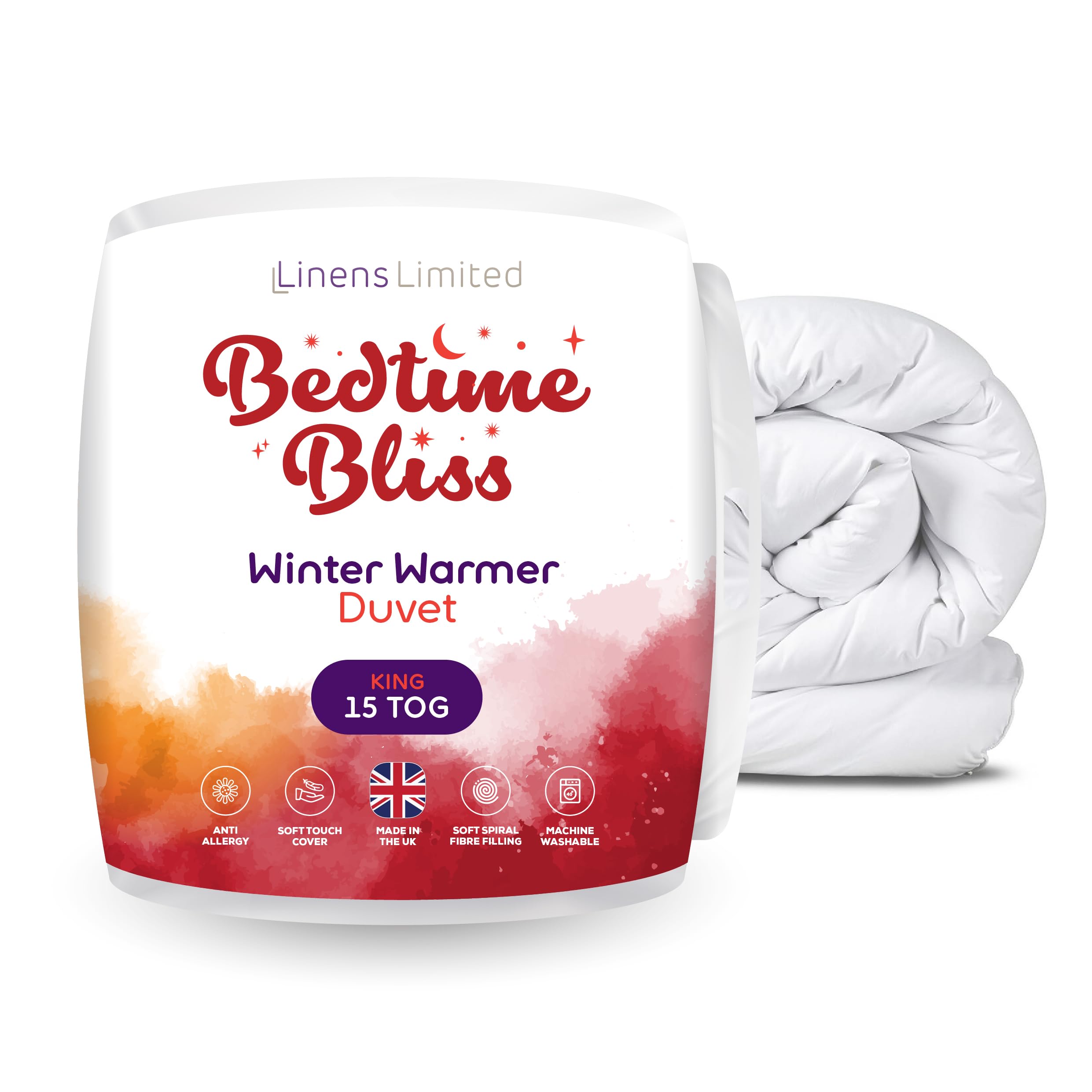 Linens Limited - King Size Duvet 15 Tog, Made in the UK, Bedtime Bliss, Winter Warmer Quilt, Soft and Comfy, Hollowfibre, Machine Washable (White)