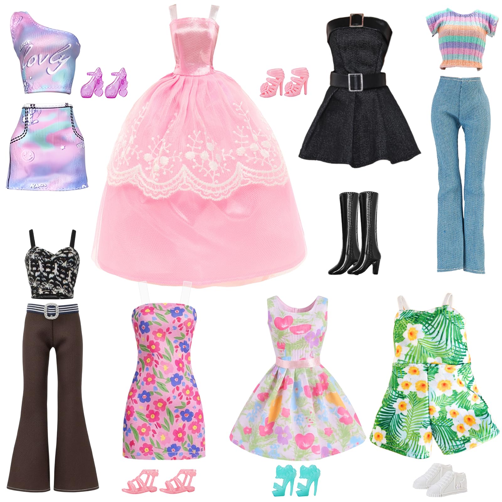 14 Pcs Doll Clothes and Accessories for 11.5 Inch Dolls Compatible Fashion 8 Set Doll Clothes Include 4 Dresses 2 Casual Outfits 1 Colourful Skirt Suit 1 Jumpsuit 6 Pairs of Shoes for Gift