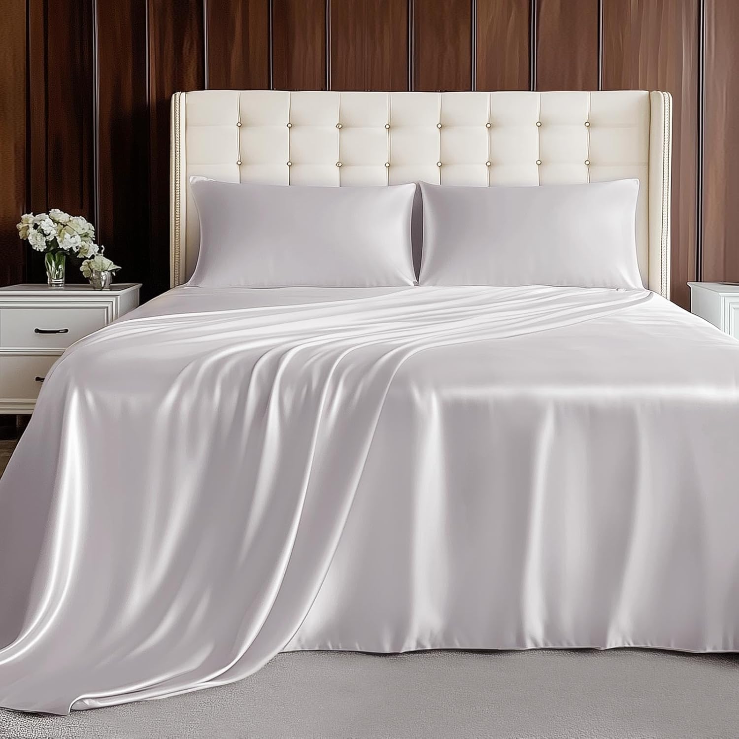 Viscose Derived from Bamboo, Soft Cooling Bedding with Silky Smooth Finish,16" Deep Pocket, Hypoallergenic, Breathable, 4 Piece Queen Size Luxury Hotel Silver Gray Bed Sheets, Oeko-Tex Certified