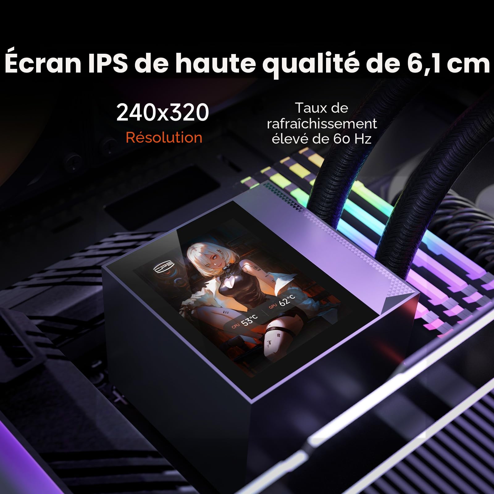 PCCOOLER efroidisseur liquide pour processeur, 360 mm AIO, pompe haute performance, écran IPS 2,4", refroidissement à eau CPS ARGB avec ventilateurs silencieux F5 R120 mm (DC360 Pro ARGB Display BK)