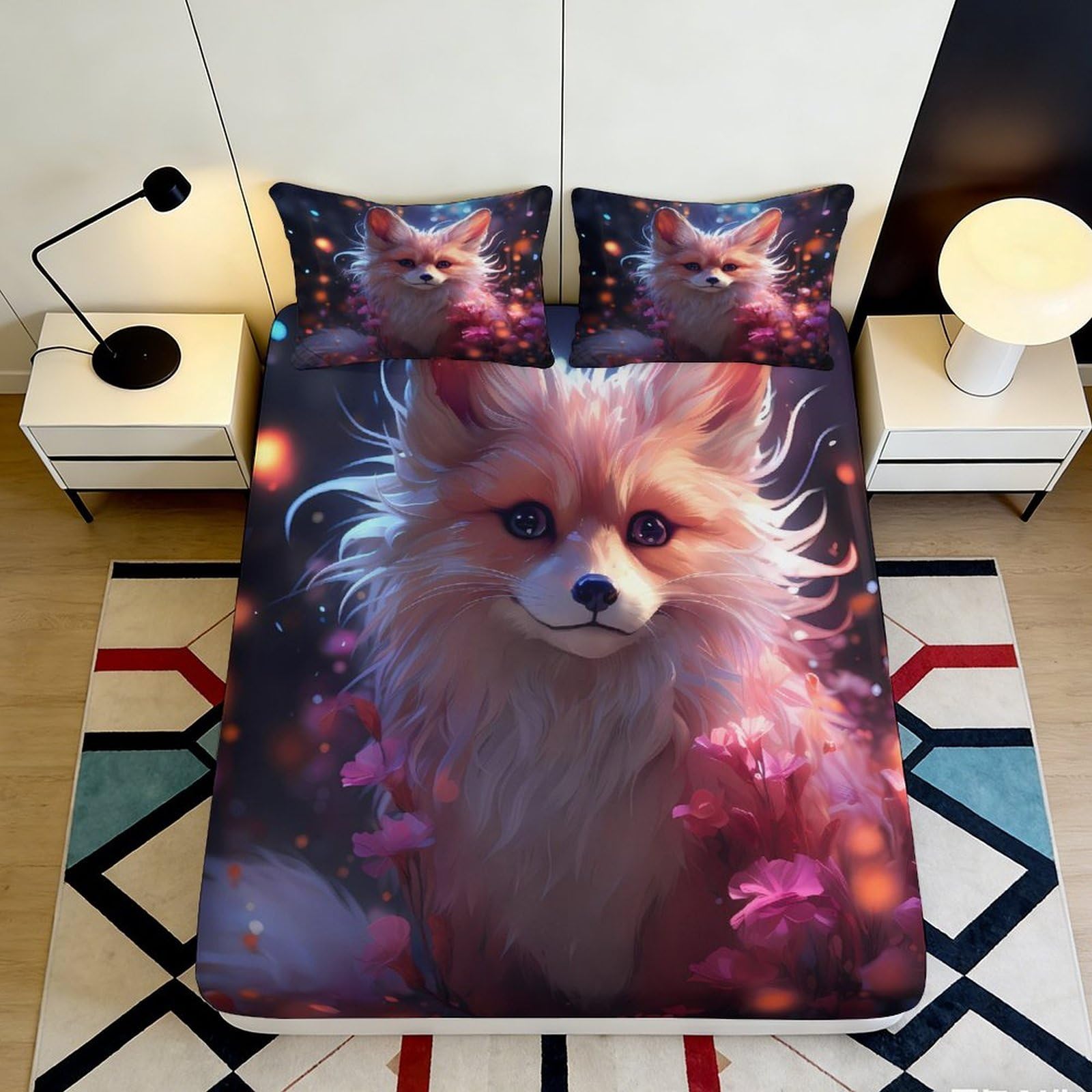 3D Printed Fox Fantasy Fitted Sheet Microfiber Anti-Slip Forest Dream Mattress Cover for Bedroom Dorm Decor 90x200x25cm