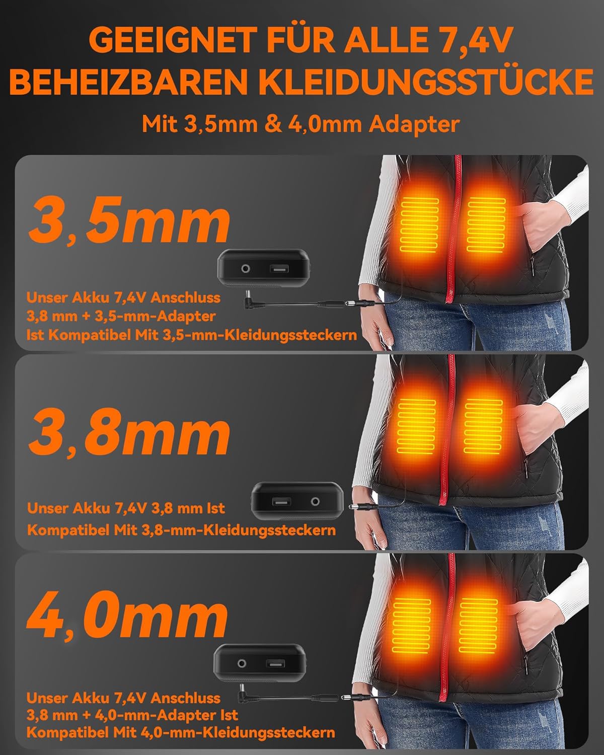 Batterie externe de mise à niveau pour gilet chauffant - 7,4 V 2 A 16000 mAh CC - Batterie rechargeable pour vestes chauffantes ORORO et Venustas - Gilets, pantalons, sous-vêtements - Avec adaptateur