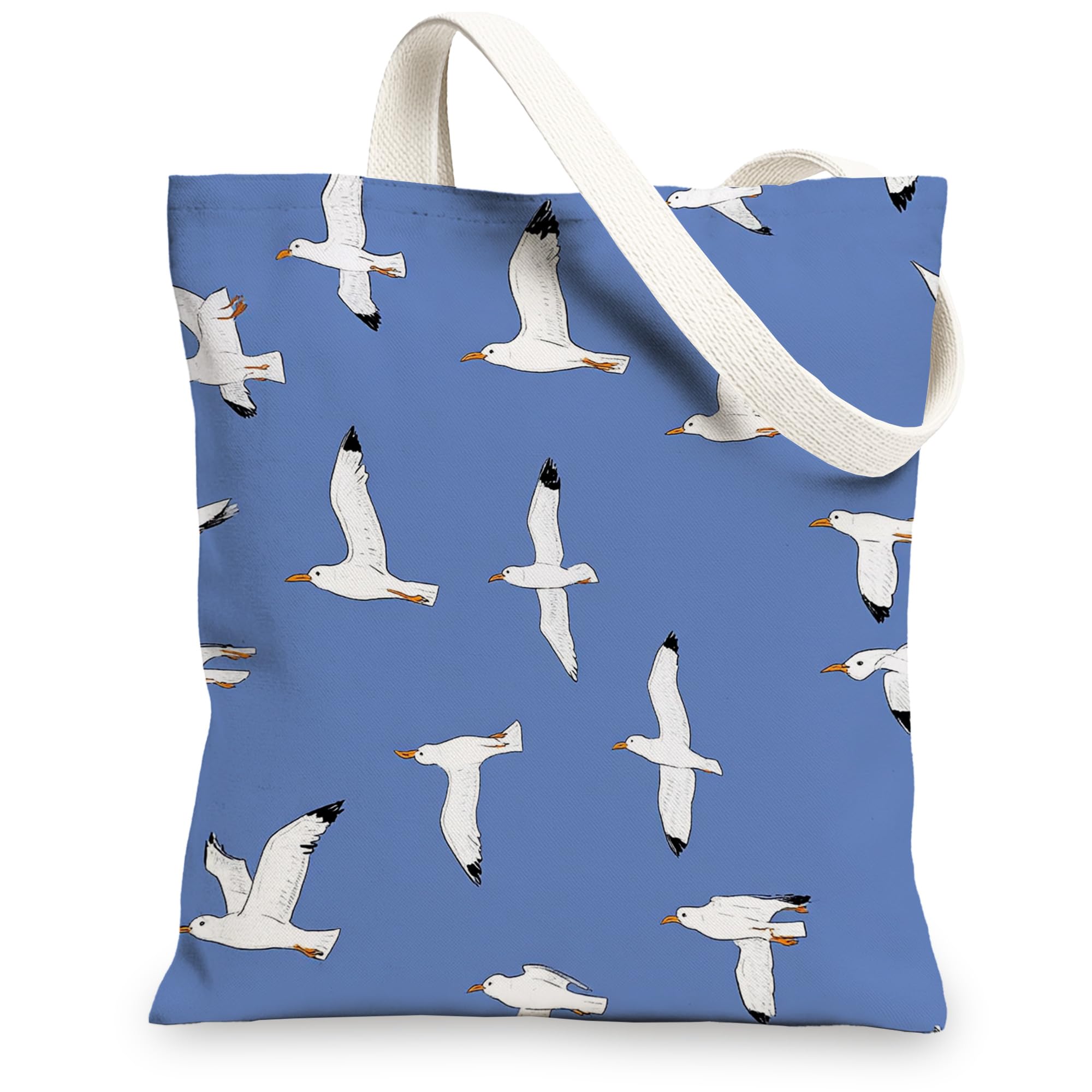 Seagull Canvas Tote Bag, Eco-friendly Reusable Shopping Bags, Lightweight Blue Beach Handbags 13x15 Inch