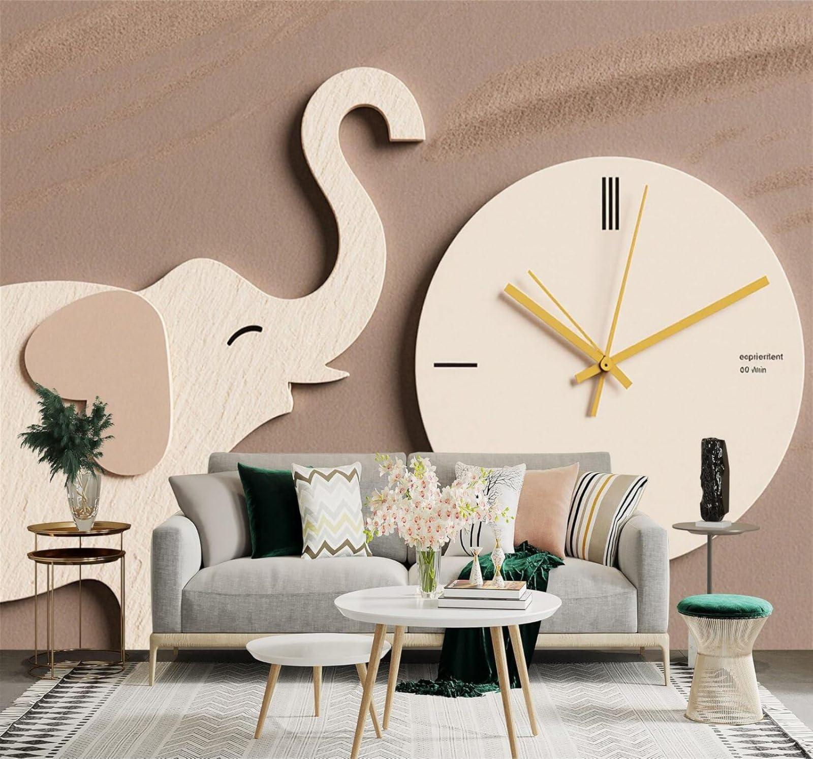 XLMING Minimalist Elephant Clock Beige Gold Tones 3D Wallpaper Silky Texture Home Study Office Grey Dining Room Sofa Bedroom Living Room TV Backdrop-250cm×170cm