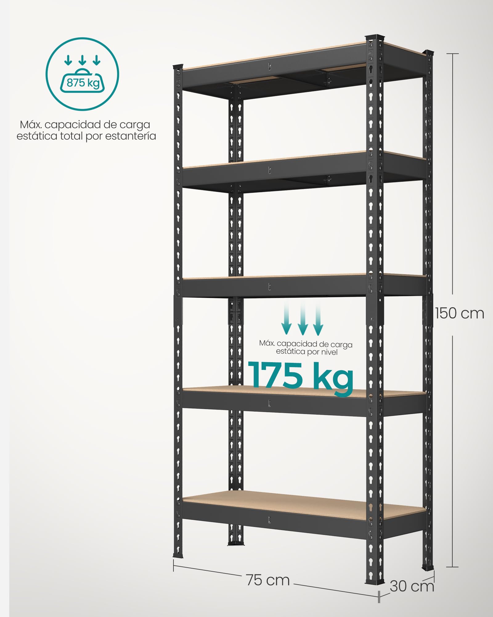 SONGMICS Estantería de 5 Niveles, Estantería de Almacenamiento, Montaje sin Tornillos, Estantes Ajustables, 30 x 75 x 150 cm, Carga de 875 kg, para Garaje, Cobertizo, Bodega, Negro GLR300B01