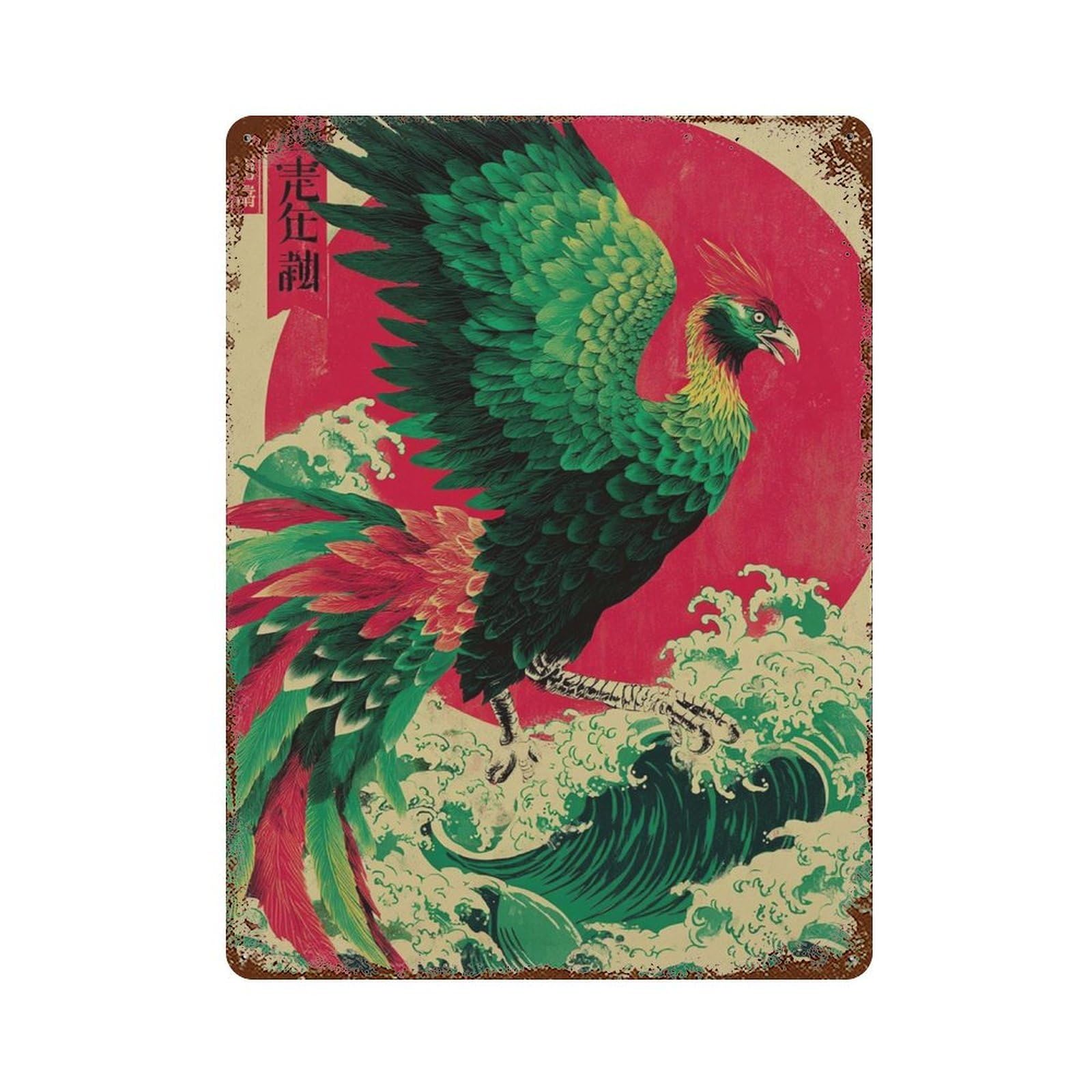 xiaoxiaoshen Phoenix Japanese Style Mythical Bird Red Sun Ocean Wall Decor Art Metal Tin Poster Modern Home Decor Art Home Bar Shop Decorations Vintage Sign 40x30cm