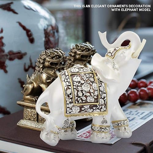 Vista 3 de Estatua decorativa de elefante de resina blanca, 6.7 pulgadas, adorno coleccionable de Feng Shui de buena suerte y riqueza para oficina en casa