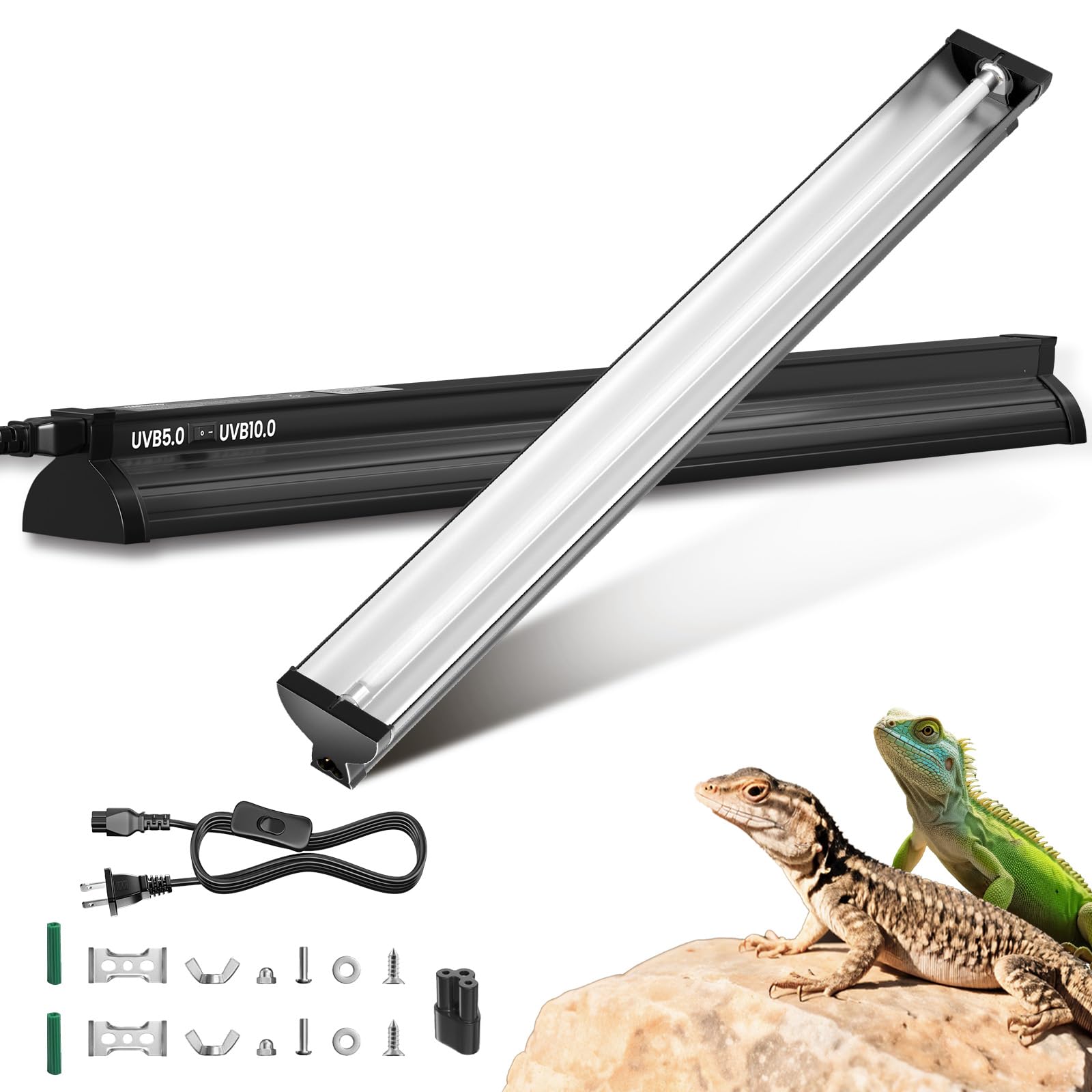22inch 24W T5 UVB Reptile Light Combo Kit for Tropical & Desert Reptiles, Switchable UVB 5.0, UVB 10.0, Reptile Lamp Terrarium Hood UVB Light for Bearded Dragon, Lizards, Chameleon, Turtle