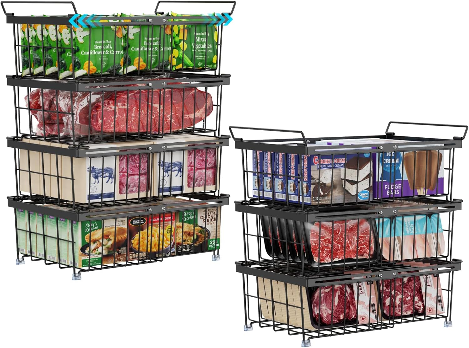 iSPECLE Deep Freezer Organizer Bins - Fit 10 to 20 Cu.FT Chest Freezer, 7 Pack Large Expandable Stackable Freezer Organizer Bins Sort Frozen Food Easy to Get Food from Bottom Better Ventilation, Black 7 Pack Black