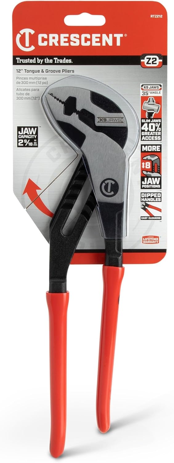 Crescent Z2 K9 Straight Jaw Dipped Handle Tongue & Groove Pliers - Home Improvement, Mechanic, Plumbing & Repair Hand Tool - 16" - RTZ216