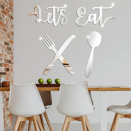 4 letreros de "Let's Eat" para decoración de pared de cocina, espejo acrílico 3D, calcomanía de pared, tenedor, cuchara, cuchillo, letrero de comer,