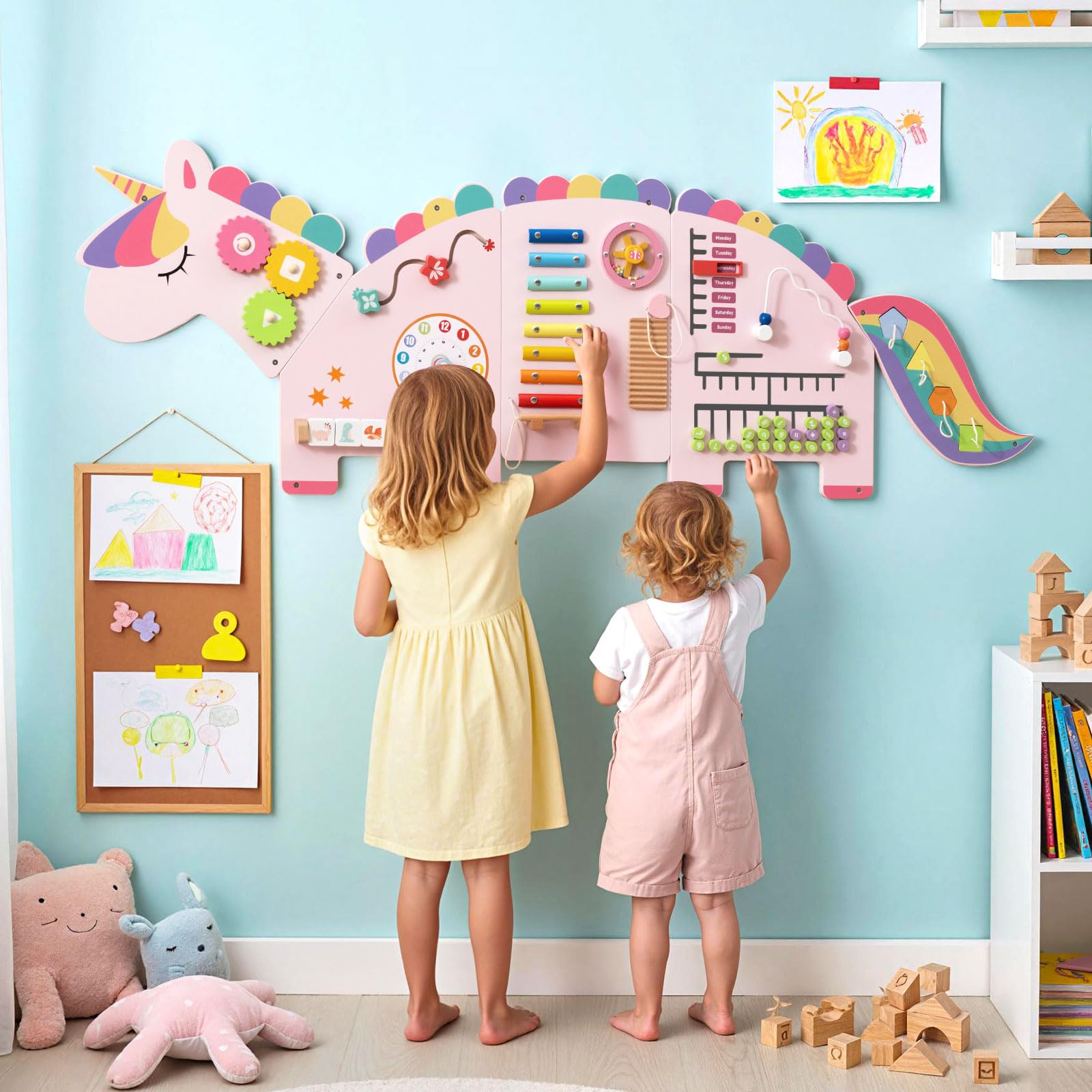 COSTWAY Montessori Busy Board, drewniana deska motoryczna 11 w 1 z ksylofonem, bloki, zegar, liczydło i części obrotowe, motoryka, zabawka Montessori, zabawka motoryczna dla dzieci od 1 roku życia