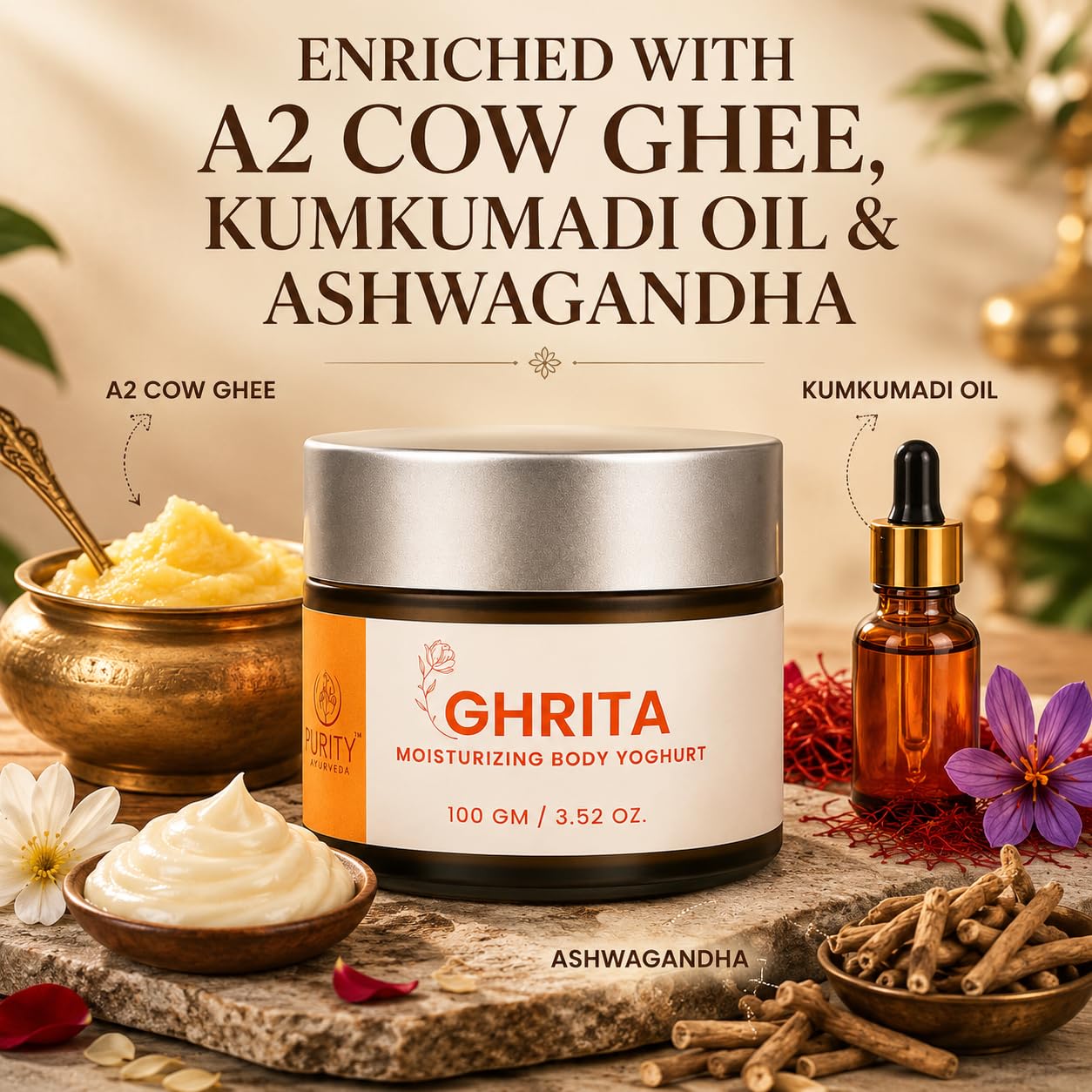 TEFTY Ghrita Moisturizing Body Yogurt | A2 Cow Ghee Kumkumadi Oil Ashwagandha | Deep Hydration Lightweight Non Greasy | Sulfate Paraben Free | 100g 2