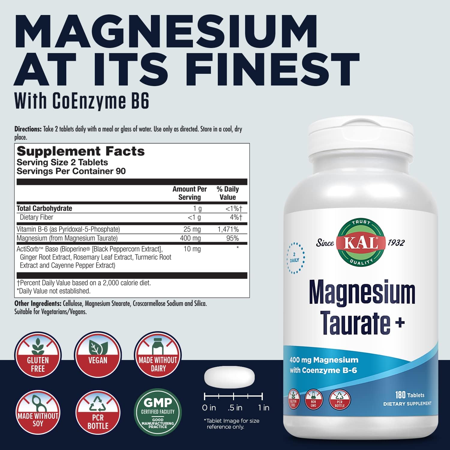 KAL Magnesium Taurate 400mg Plus CoEnzyme Vitamin B6, Chelated Magnesium Supplement, Muscle Function, Gluten Free, Vegan, 90 Serv, 180 Tablets - Image 2