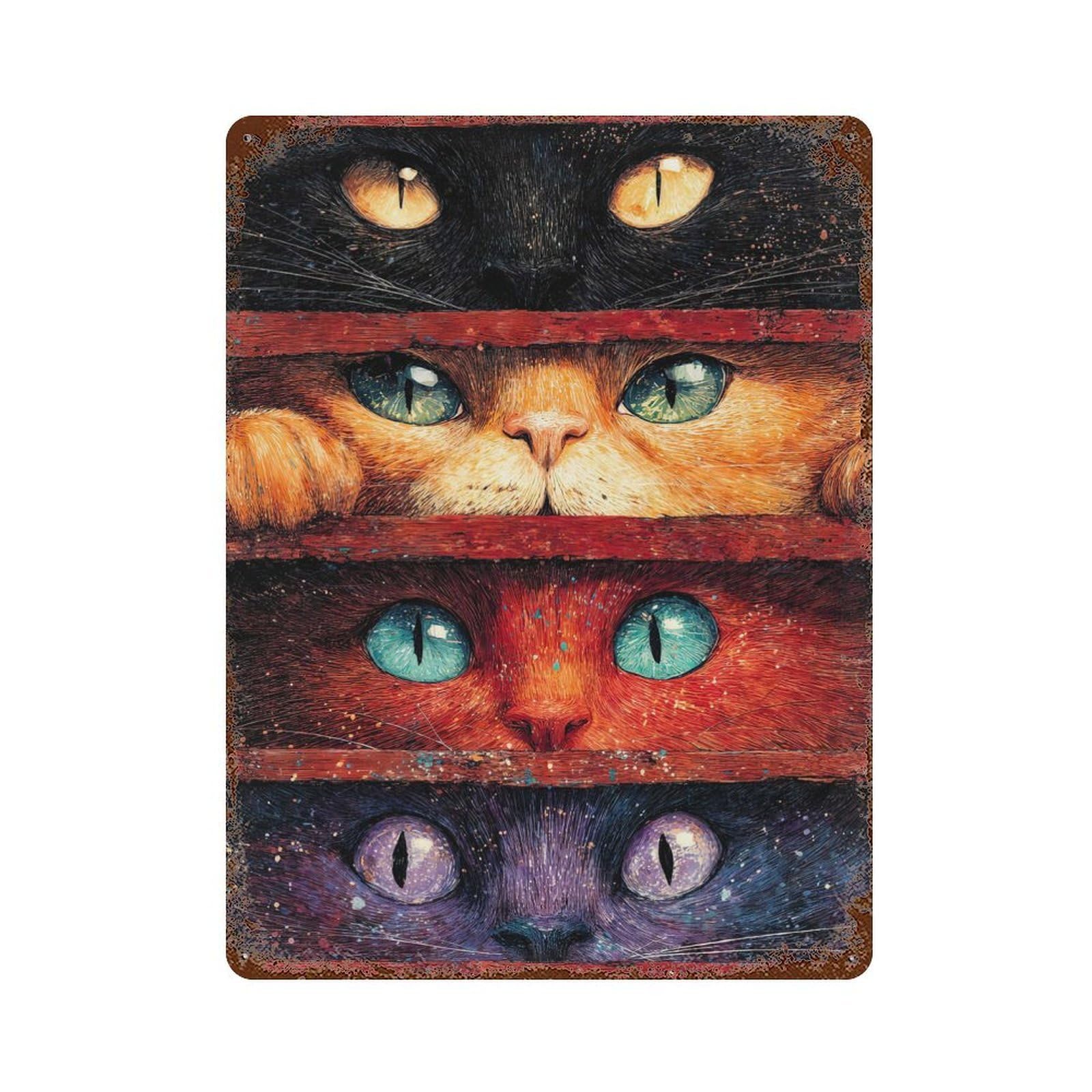 Garage Style Curious Cats Peeking Through Slats Weathered Tin Sign 15.7"x11.8", Shabby Chic Decor for Bar And Workshop