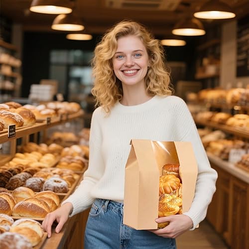 Miniatura 6 de Paquete de 100 bolsas de pan para pan casero, bolsa de pan de papel kraft de masa madre 50% más gruesa con ventana frontal transparente,