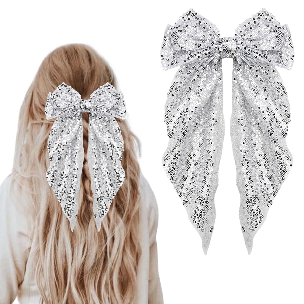 Amazon.com : Kefley Silver Sequin Bow Hair Ribbon Clips for  display picture 1
