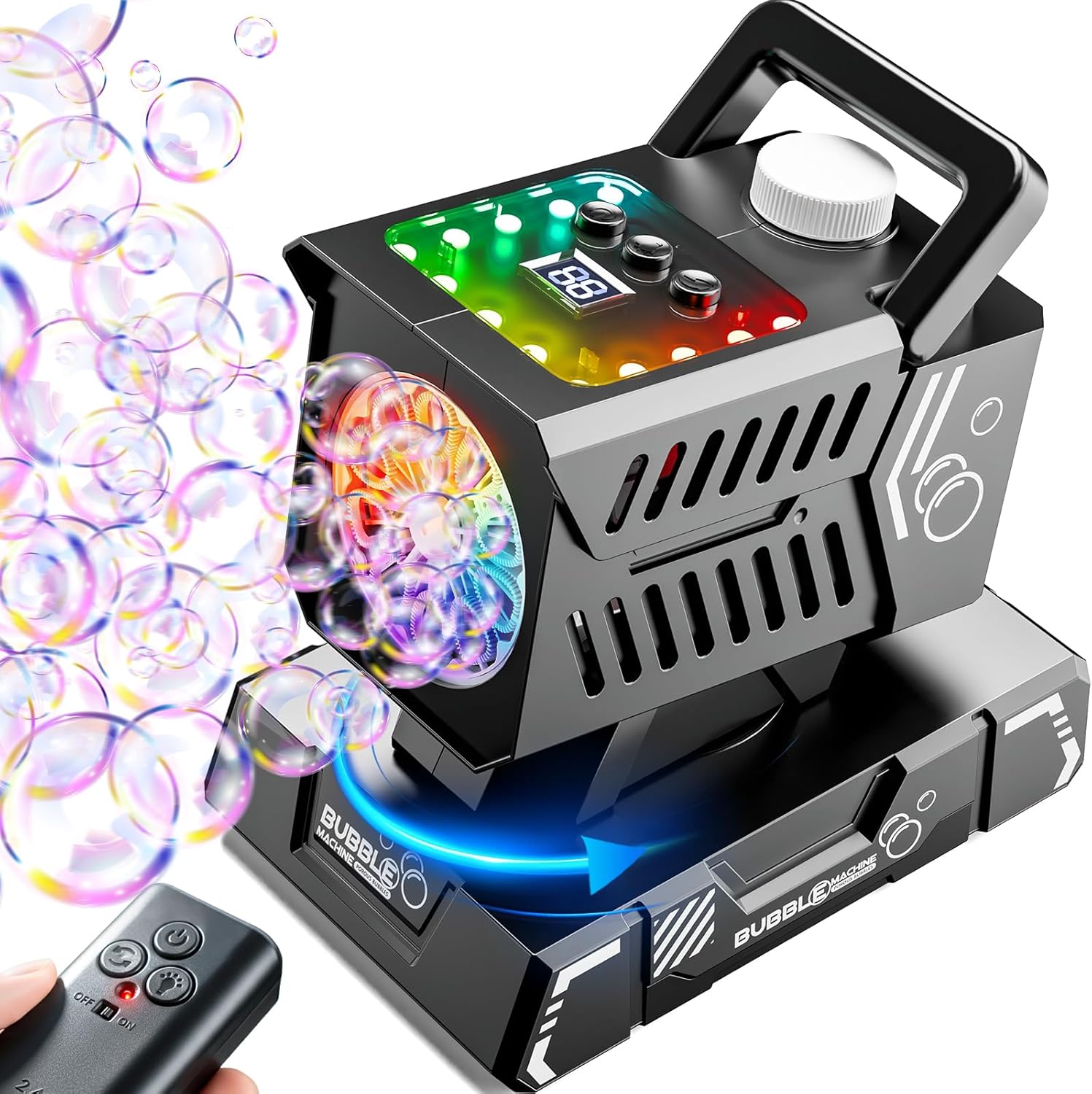 Bubble Machine Remote Control 98ft Range,Auto Rotation & 11 RGB Lights, 1800mAh Rechargeable Battery/USB-C Charging,Top-Fill Portable Bubble Maker for Kids Birthday Party Wedding Pool Outdoor
