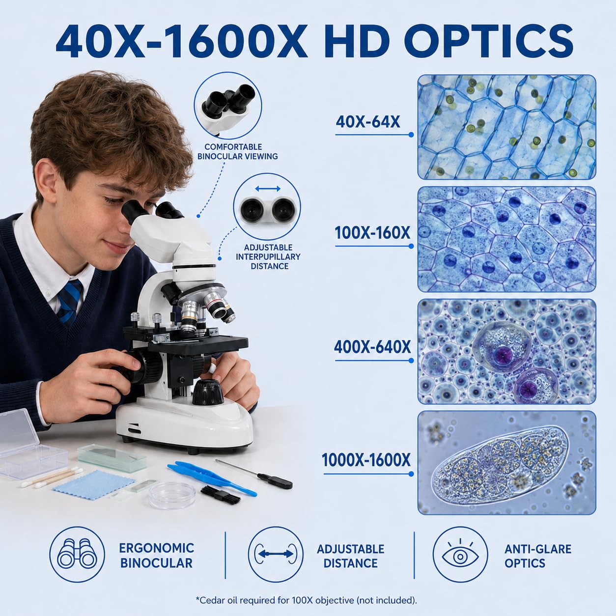 Mikroskop für Erwachsene & Studenten mit 2MP USB-Kamera & 3D-Bühne, 40X-1600X | Biologisches Fernglas-Mikroskop mit Dual-LED, DIY 15 Dia-Kit, Handy-Adapter & stoßfestes Gehäuse für MINT-Bildung