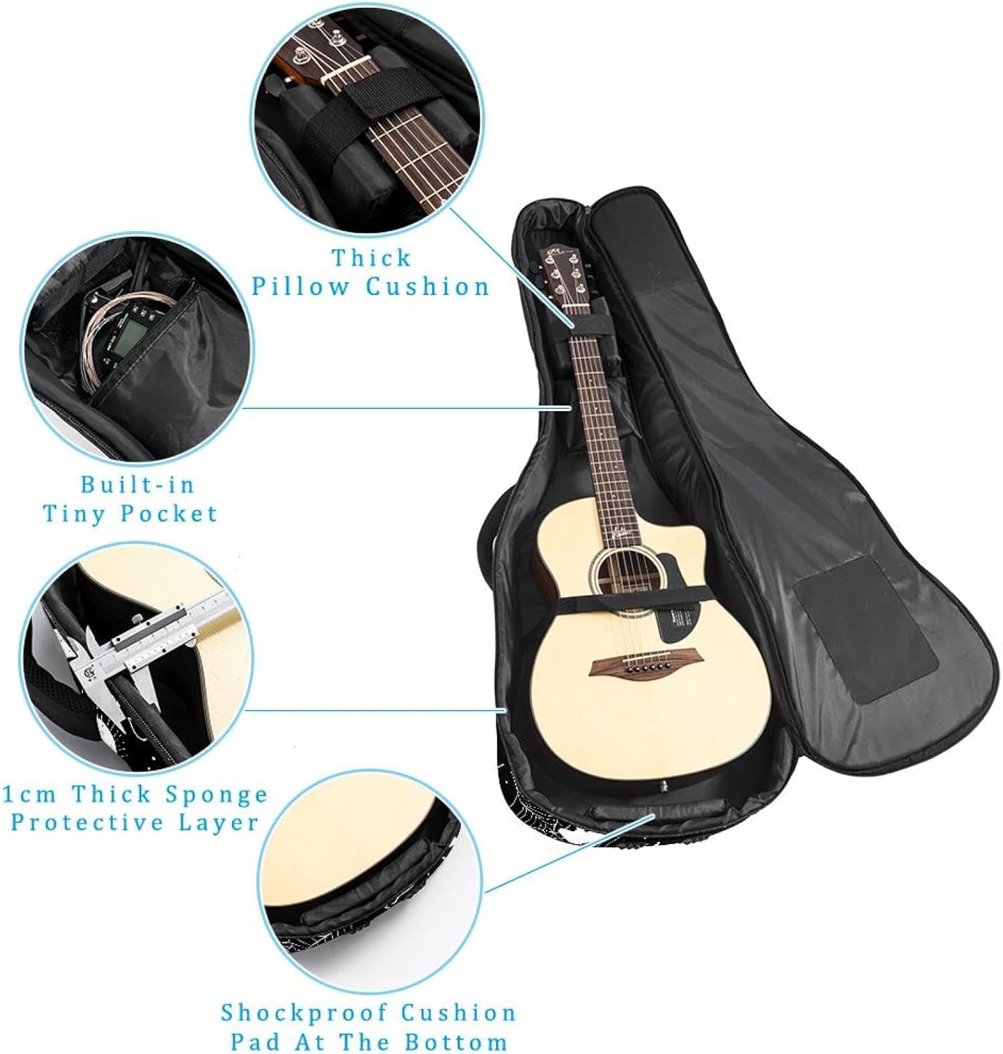 40 41 42 Inch Acoustic Guitar Bag, 0.4 In Thick Sponge Padded Guitar Case Gig Bag with Back Hanger Loop and 2 Pockets, Halloween Skull Bone Eyeballs Black and White Pattern
