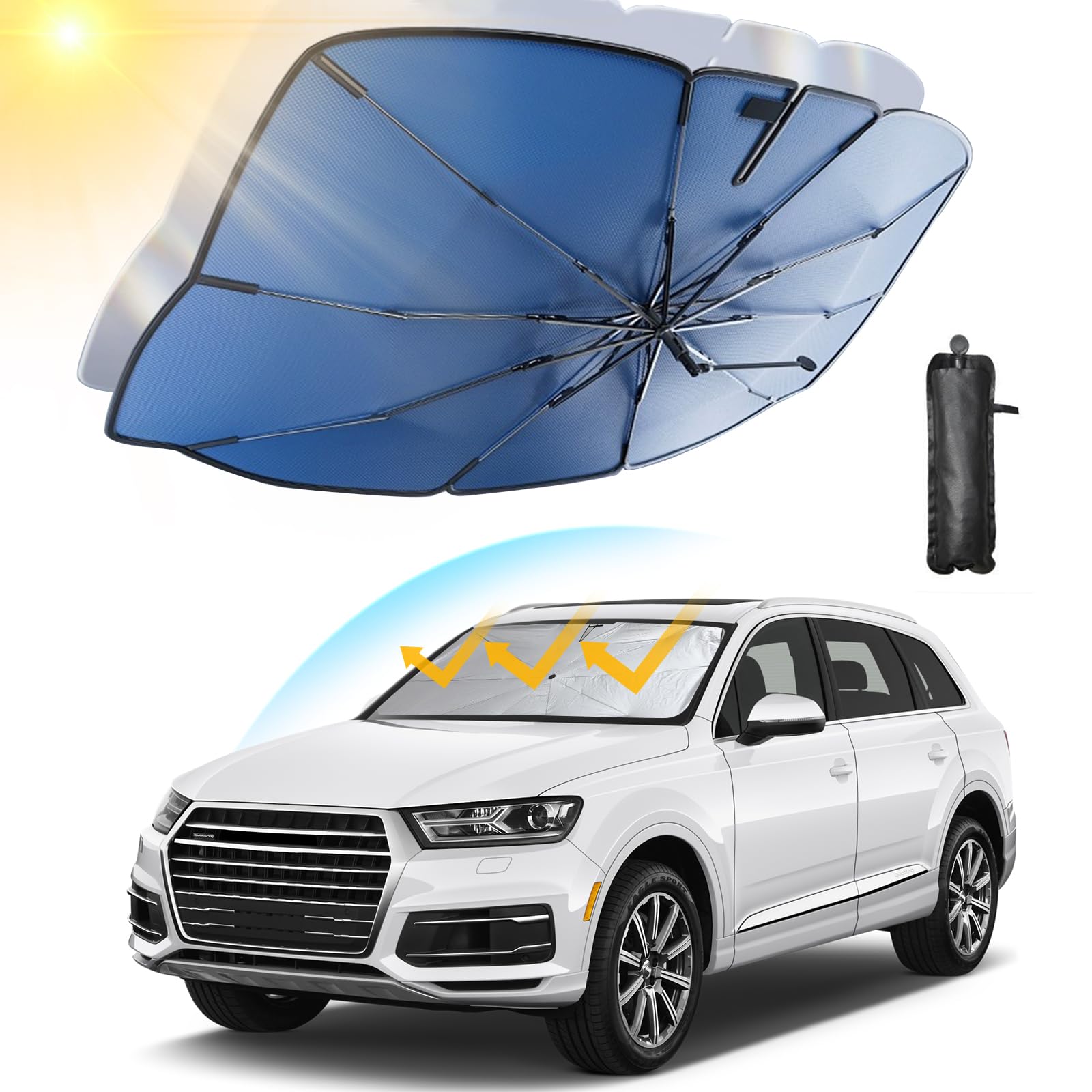 Parasol Coche Delantero, Bloquea de Los Rayos UV Parasol Coche, 360°Paraguas de Parasol, FáCil De Guarda Parasol Delantero Coche, Fácil de Instalar Parasol Coche Delantero Plegable (140cm x 78cm)