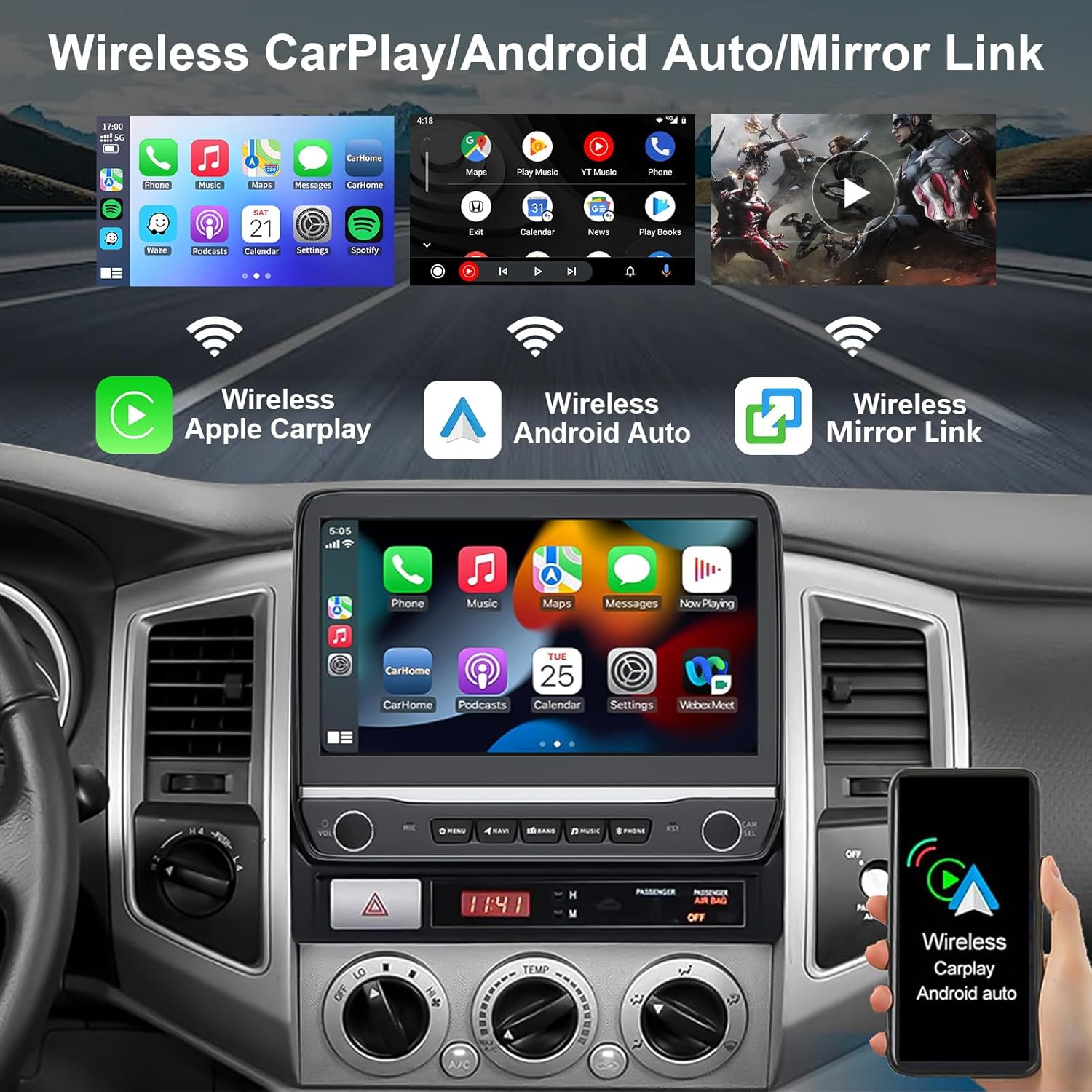 10.1 inch Car Radio Stereo Upgrade for Toyota Tacoma 2005-2015 with Wireless CarPlay/Android Auto/Touch Screen/SWC/GPS Navigation/BT/WiFi FM Backup Camera Physical Button Volume Knob