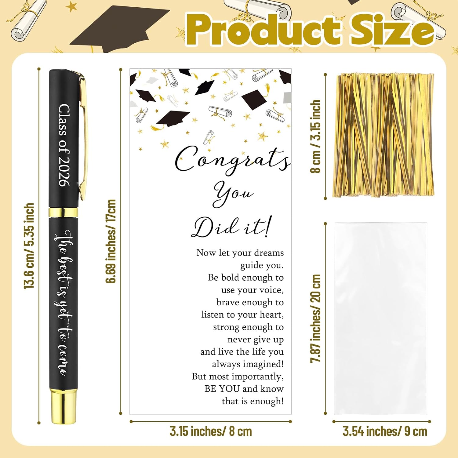Sinload 30 Set Class of 2026 Graduation Pens Bulk Graduation Party Favor Gifts for Senior High School & College Students from Teachers with Inspirational Thank You Cards(Champagne Gold, Black, White)