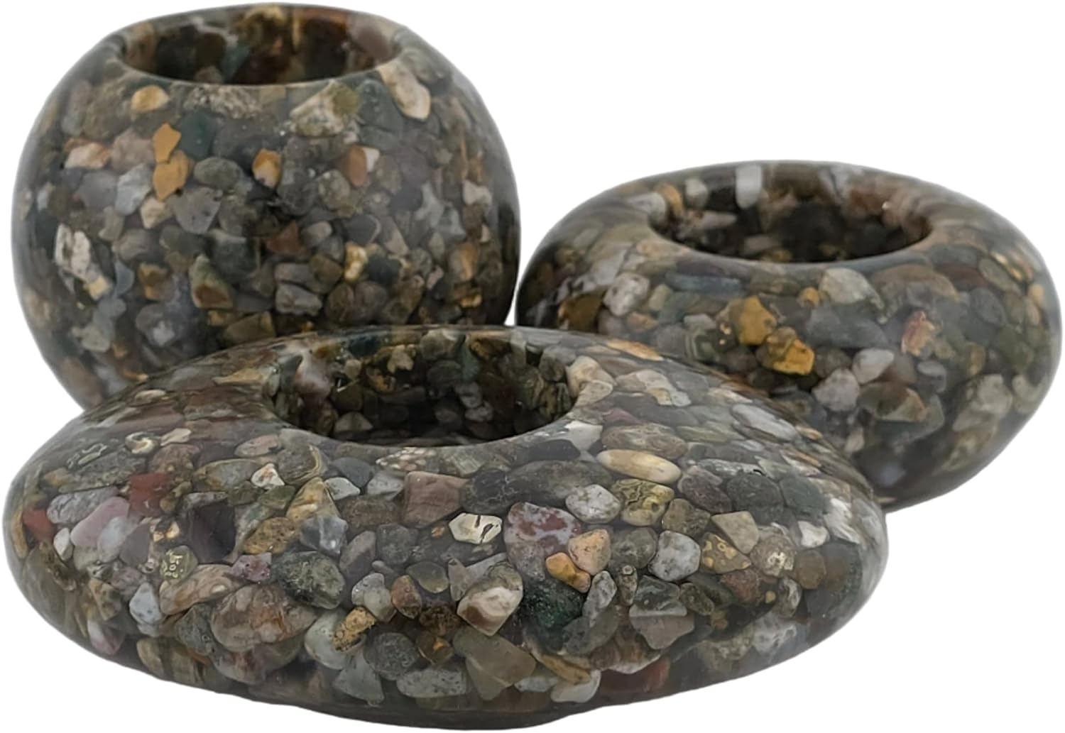 Natural Stone Tea Light Holder Set, 3-Piece Handmade Resin Candle Holders with Crystal Chips, Modern Meditation Home Decor (Ocean Jasper)