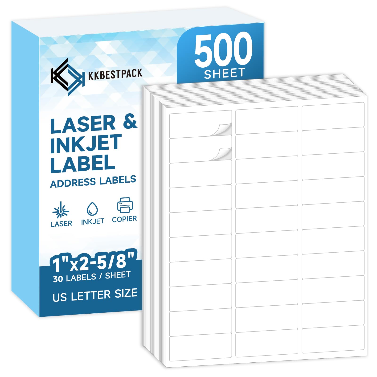 KKBESTPACK 30 etiquetas de dirección de envío – 1" x 2-5/8" Pegatinas autoadhesivas de código de barras FNSKU para impresora de inyección de tinta y láser (500 hojas / 15000 etiquetas)