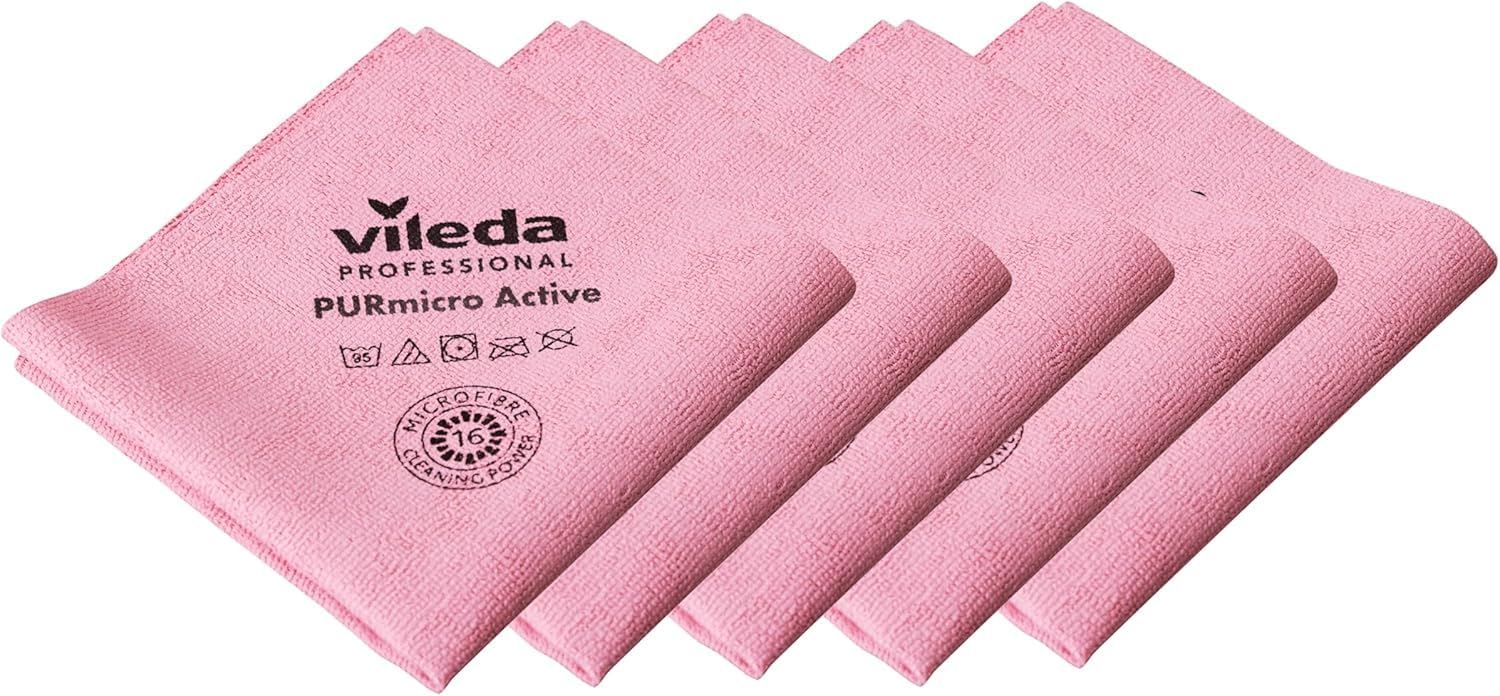 Vileda ProfessionalPremium Microfibre Cleaning Cloths, PURmicro Active, Bathroom Glass Cloths, Streak-Free Multipurpose Cloths, Chemical-Free Power, Pack of 5, 38x35cm, Red/Pink
