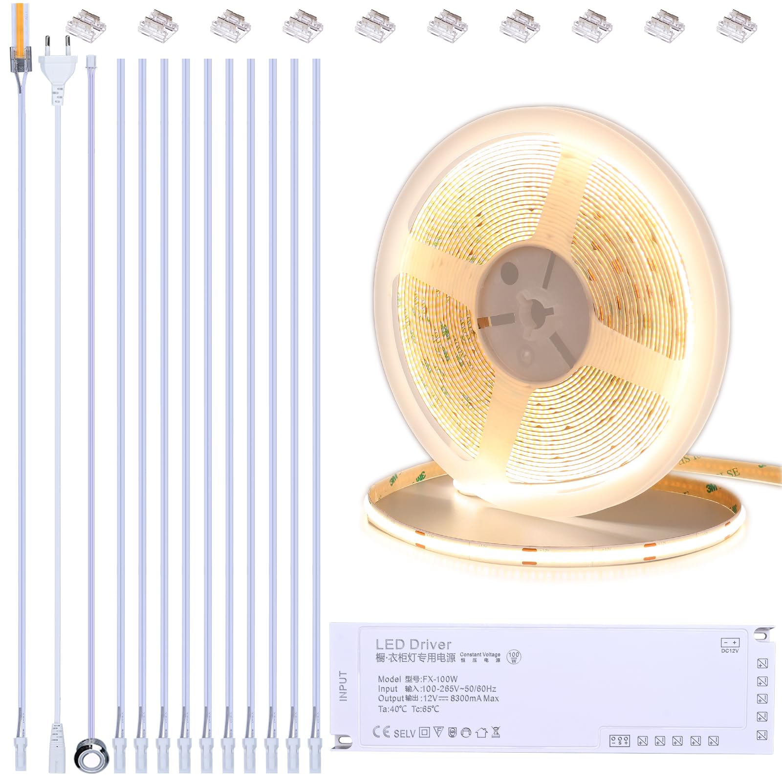 BENLUN 12V Ruban LED COB Cuisine Sous Meuble 10M, Bande LED 4000K Blanc Naturel Dimmable, Bandeau LED Connecté Adhésif CRI 93 avec Variateur et Alimentation, pour Dressing Escalier Placard