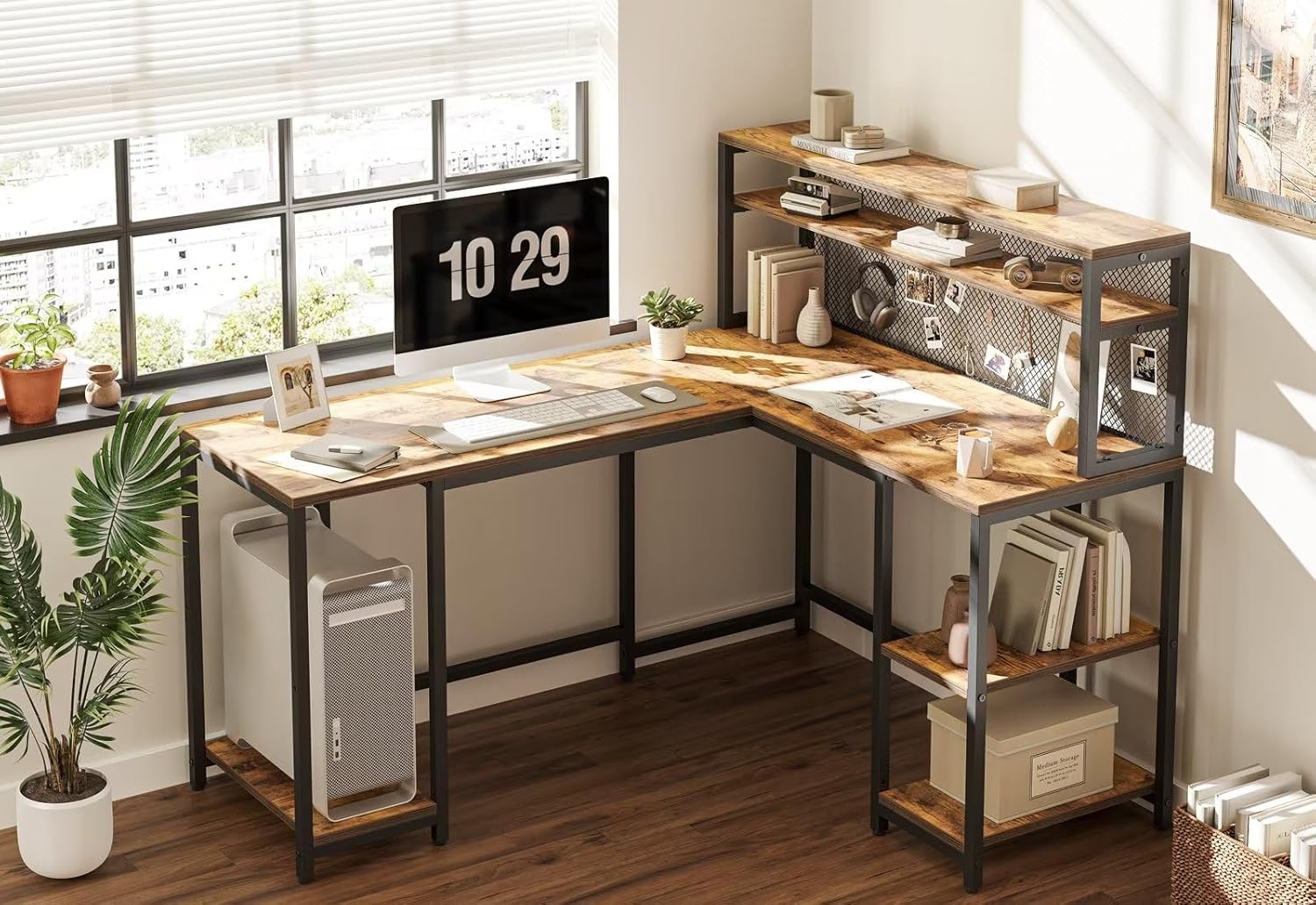 CubiCubi L Shaped Desk with Hutch, 150 cm Corner Computer Desk with